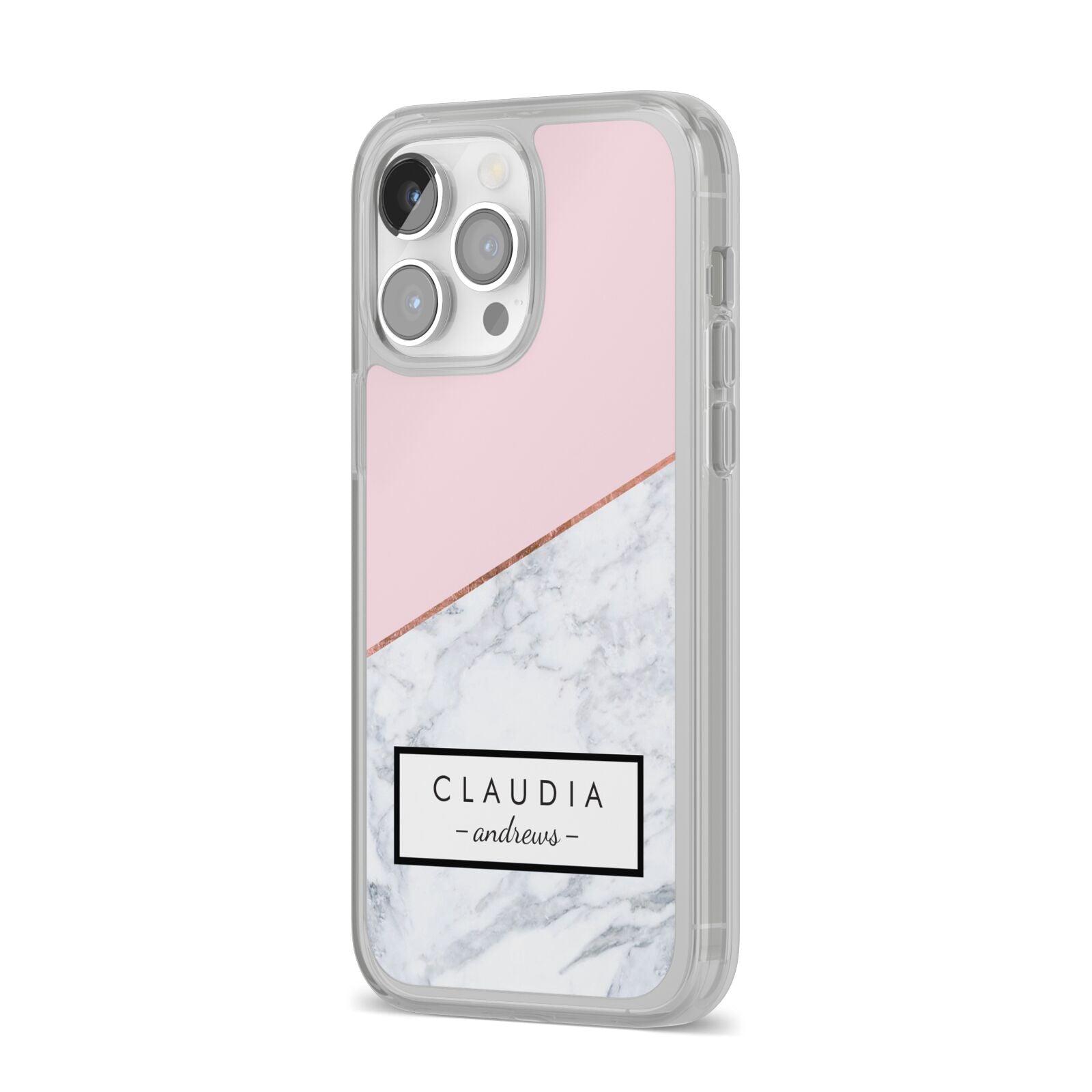 Personalised Pink With Marble Initials Name iPhone 14 Pro Max Clear Tough Case Silver Angled Image