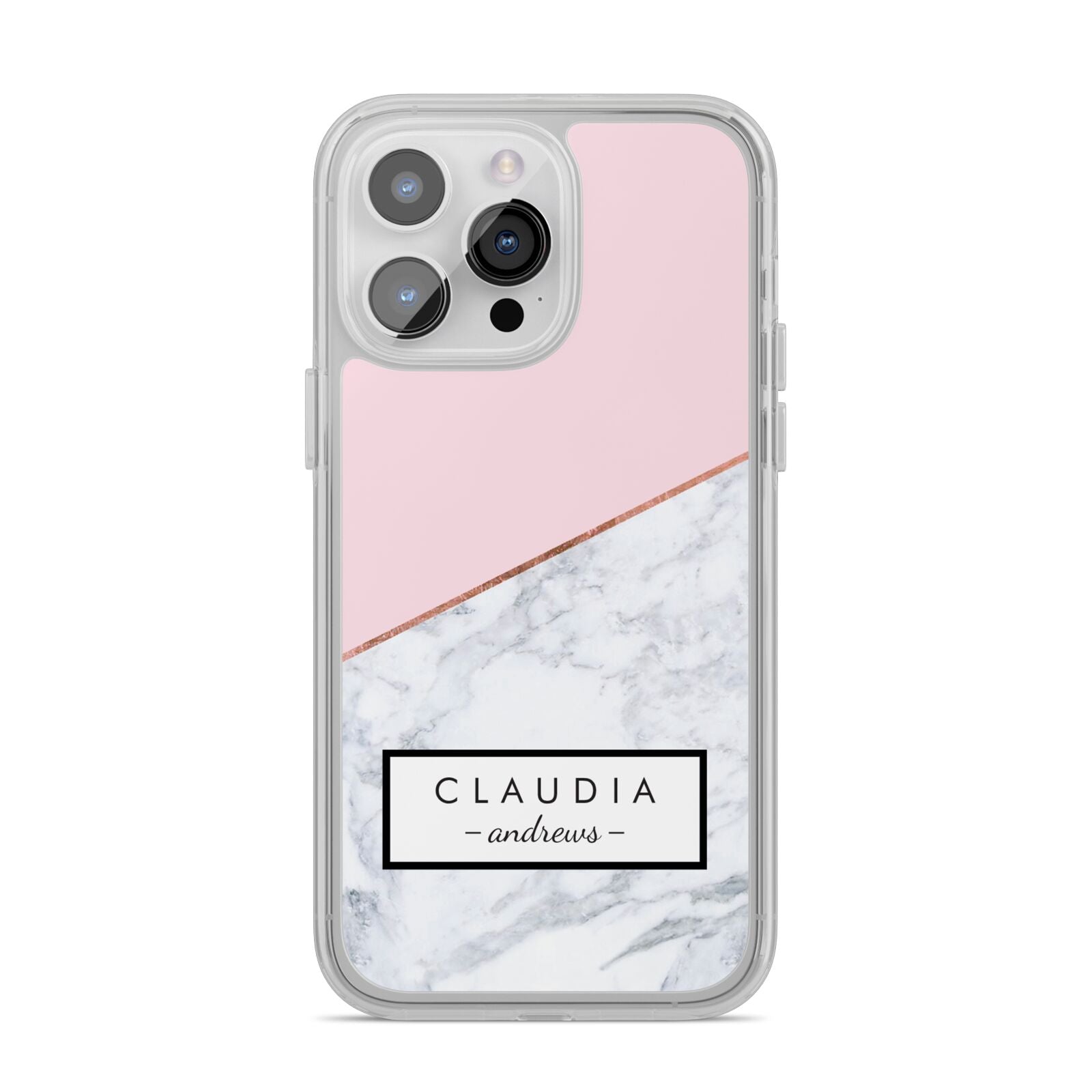Personalised Pink With Marble Initials Name iPhone 14 Pro Max Clear Tough Case Silver