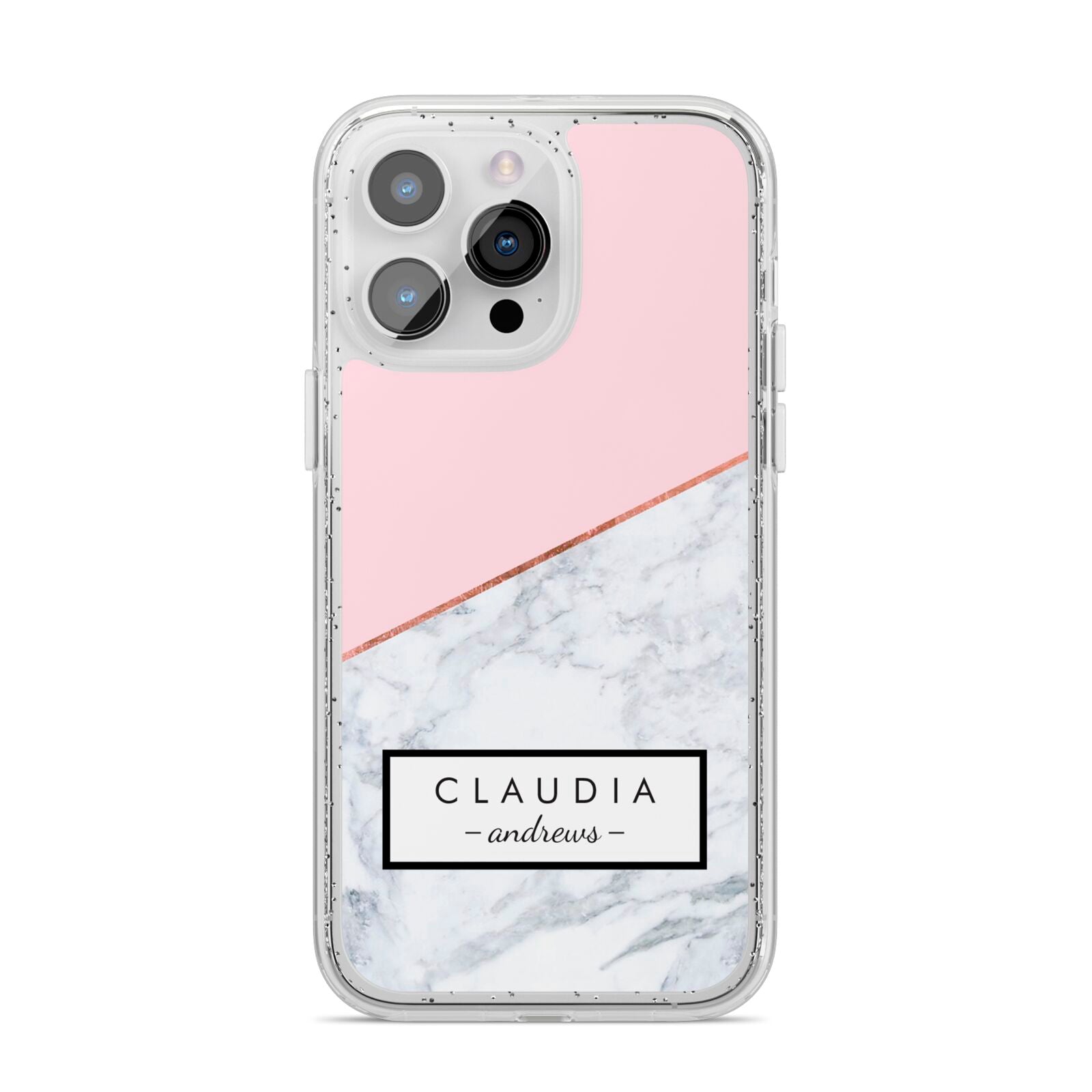 Personalised Pink With Marble Initials Name iPhone 14 Pro Max Glitter Tough Case Silver