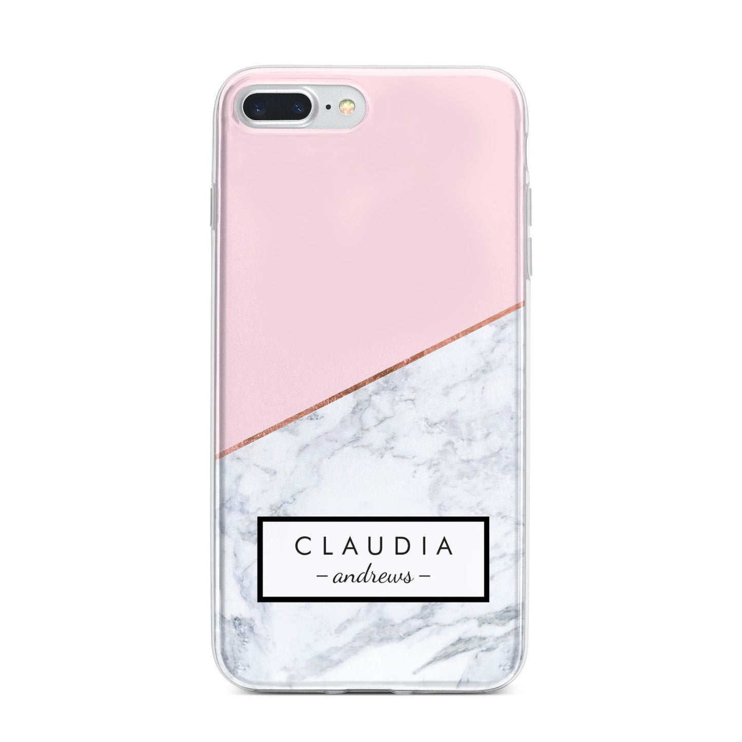 Personalised Pink With Marble Initials Name iPhone 7 Plus Bumper Case on Silver iPhone