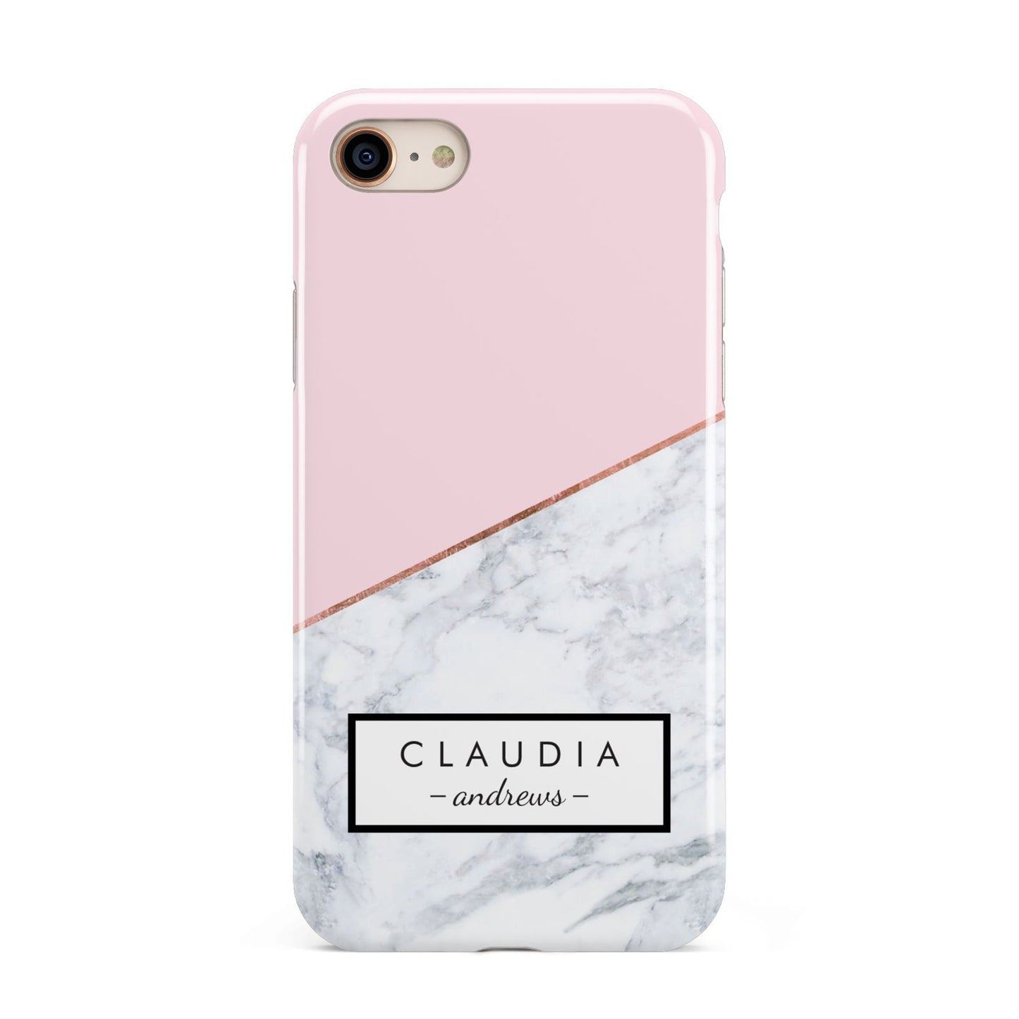 Personalised Pink With Marble Initials Name iPhone 8 3D Tough Case on Gold Phone