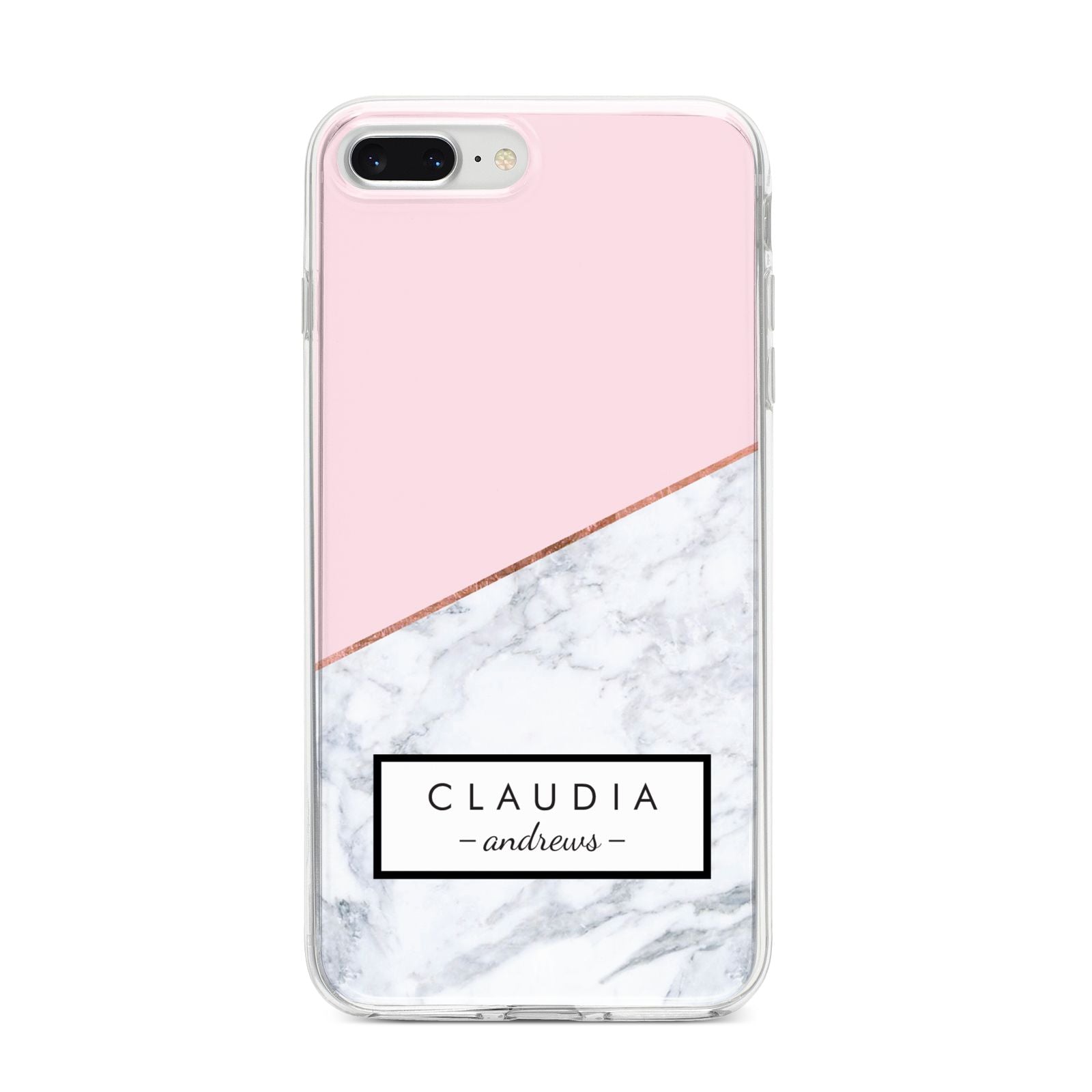 Personalised Pink With Marble Initials Name iPhone 8 Plus Bumper Case on Silver iPhone