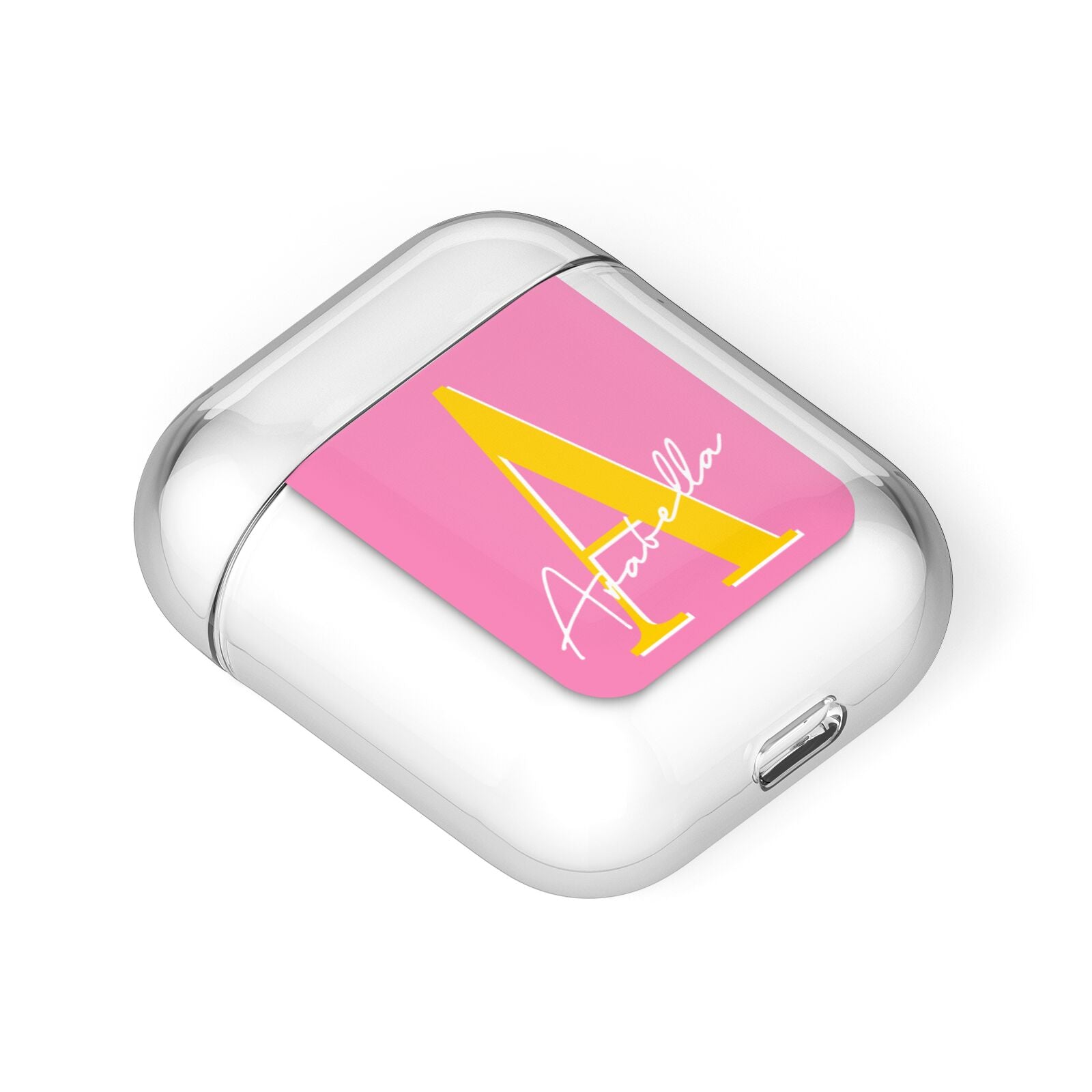 Personalised Pink Yellow Initial AirPods Case Laid Flat