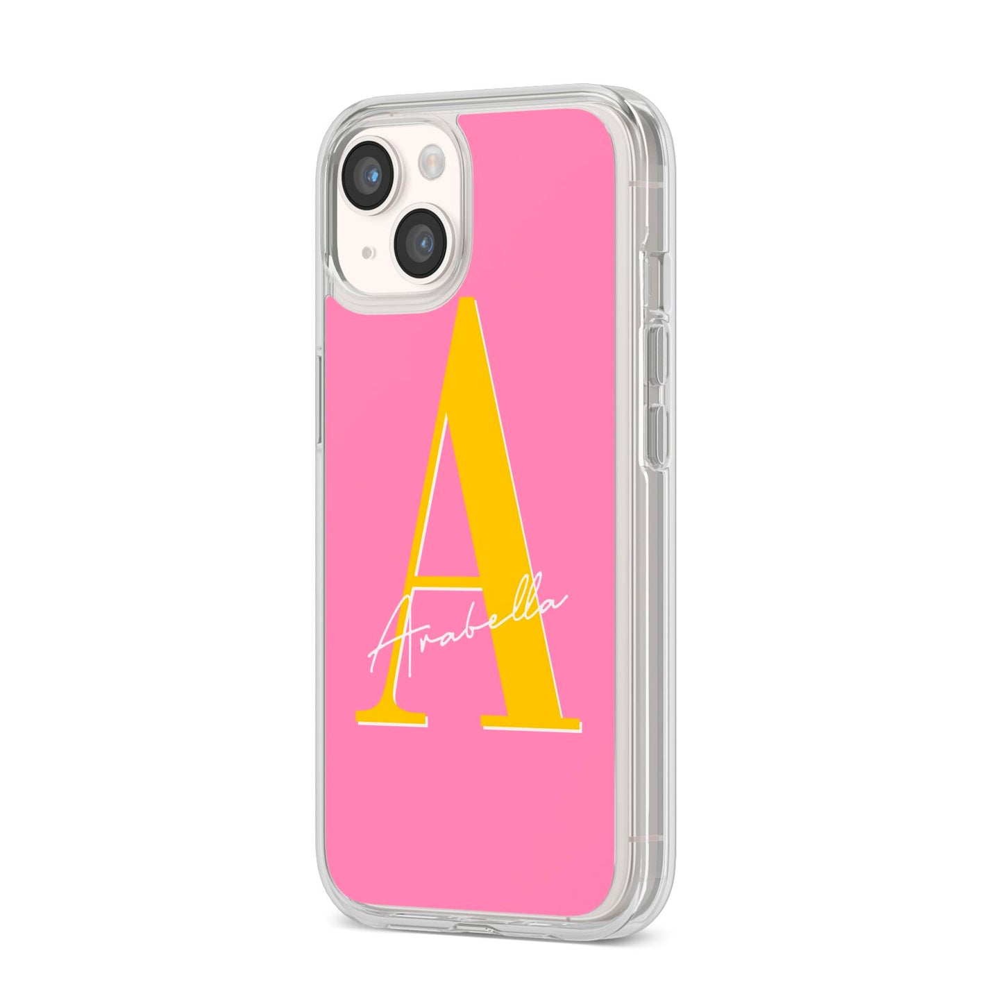 Personalised Pink Yellow Initial iPhone 14 Clear Tough Case Starlight Angled Image