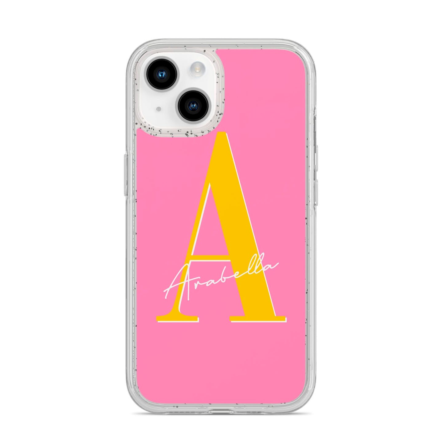 Personalised Pink Yellow Initial iPhone 14 Glitter Tough Case Starlight