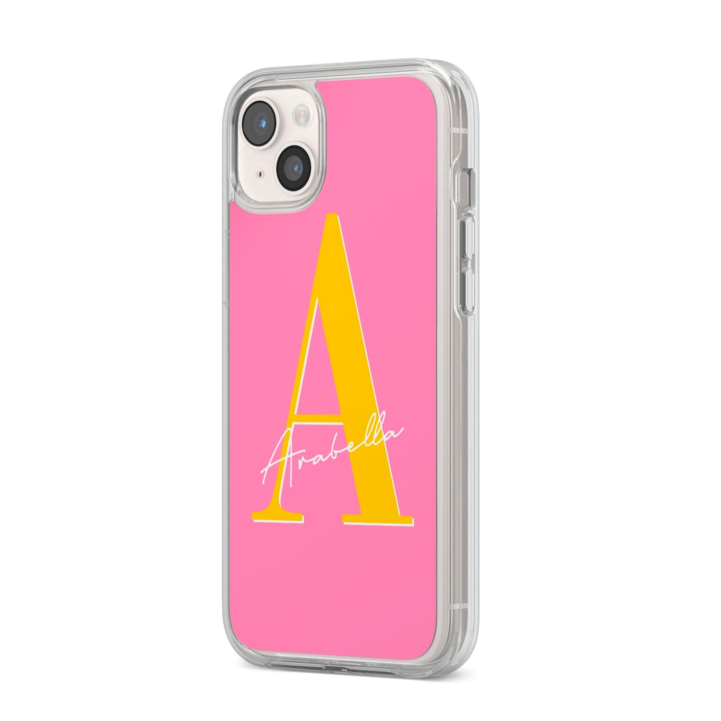 Personalised Pink Yellow Initial iPhone 14 Plus Clear Tough Case Starlight Angled Image