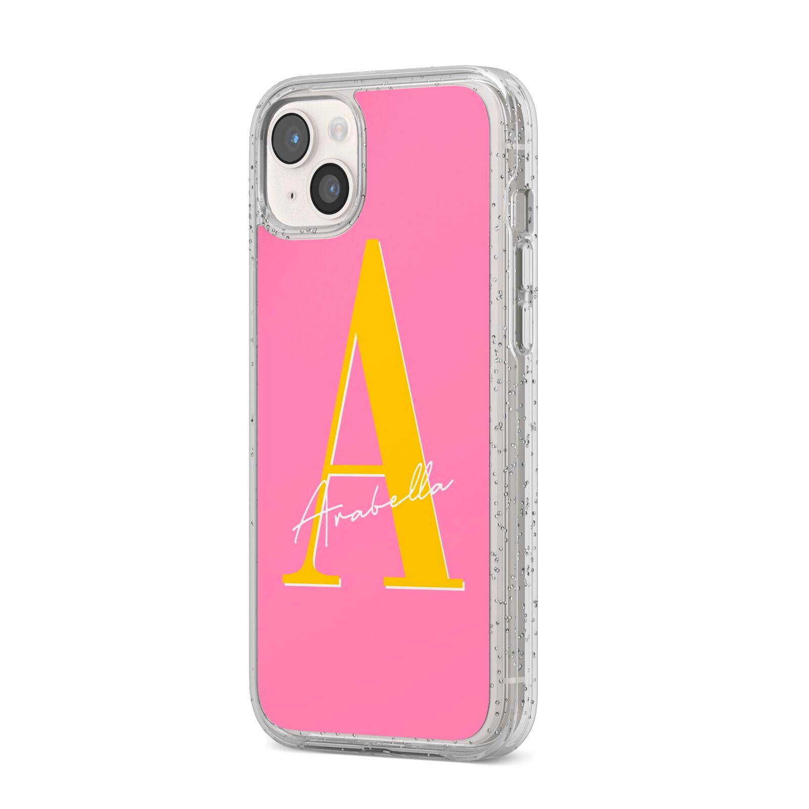 Personalised Pink Yellow Initial iPhone 14 Plus Glitter Tough Case Starlight Angled Image