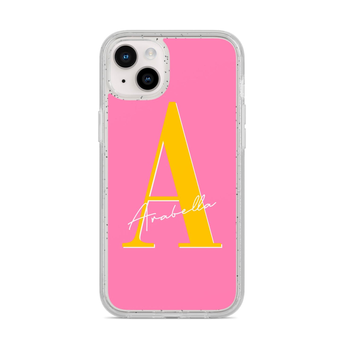 Personalised Pink Yellow Initial iPhone 14 Plus Glitter Tough Case Starlight