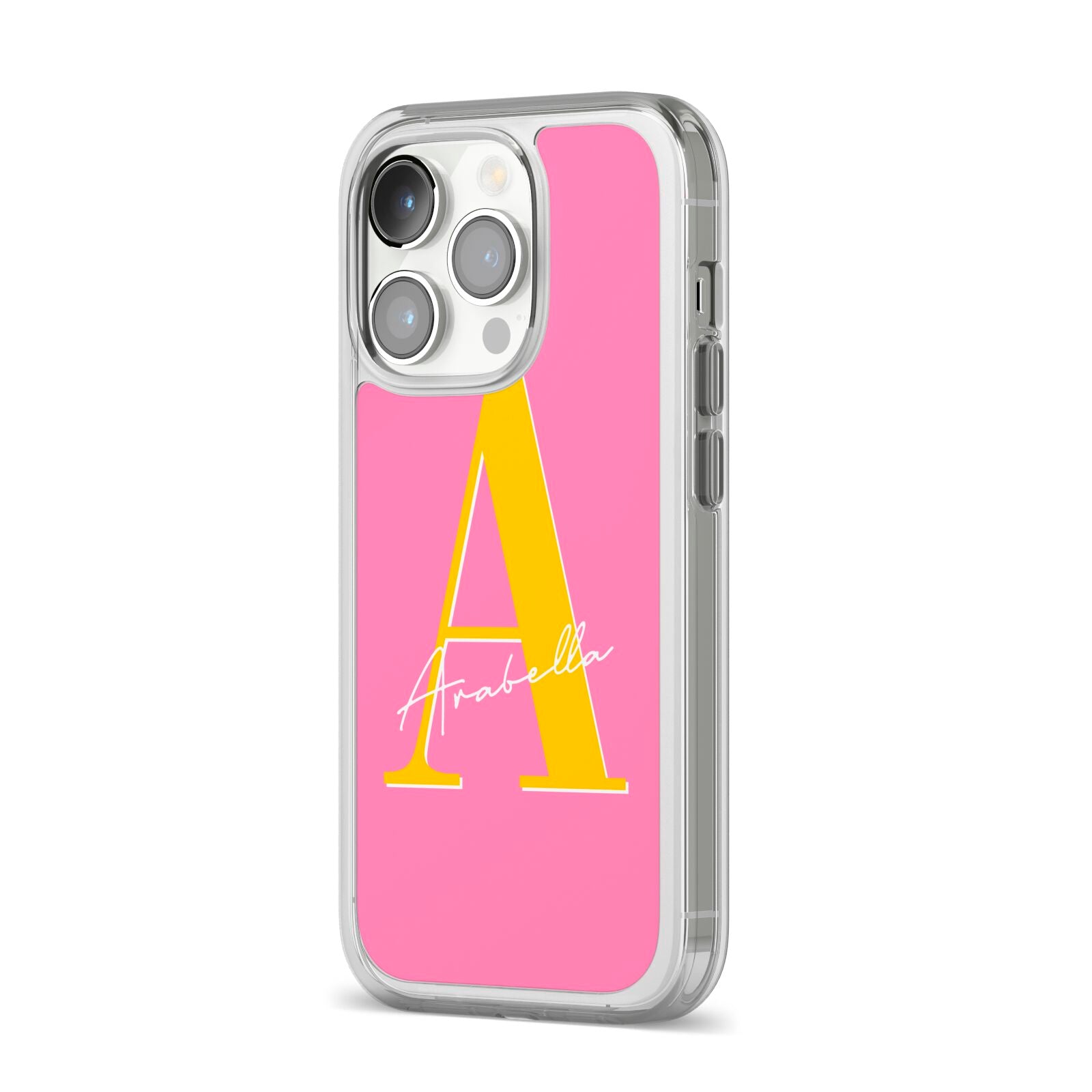 Personalised Pink Yellow Initial iPhone 14 Pro Clear Tough Case Silver Angled Image