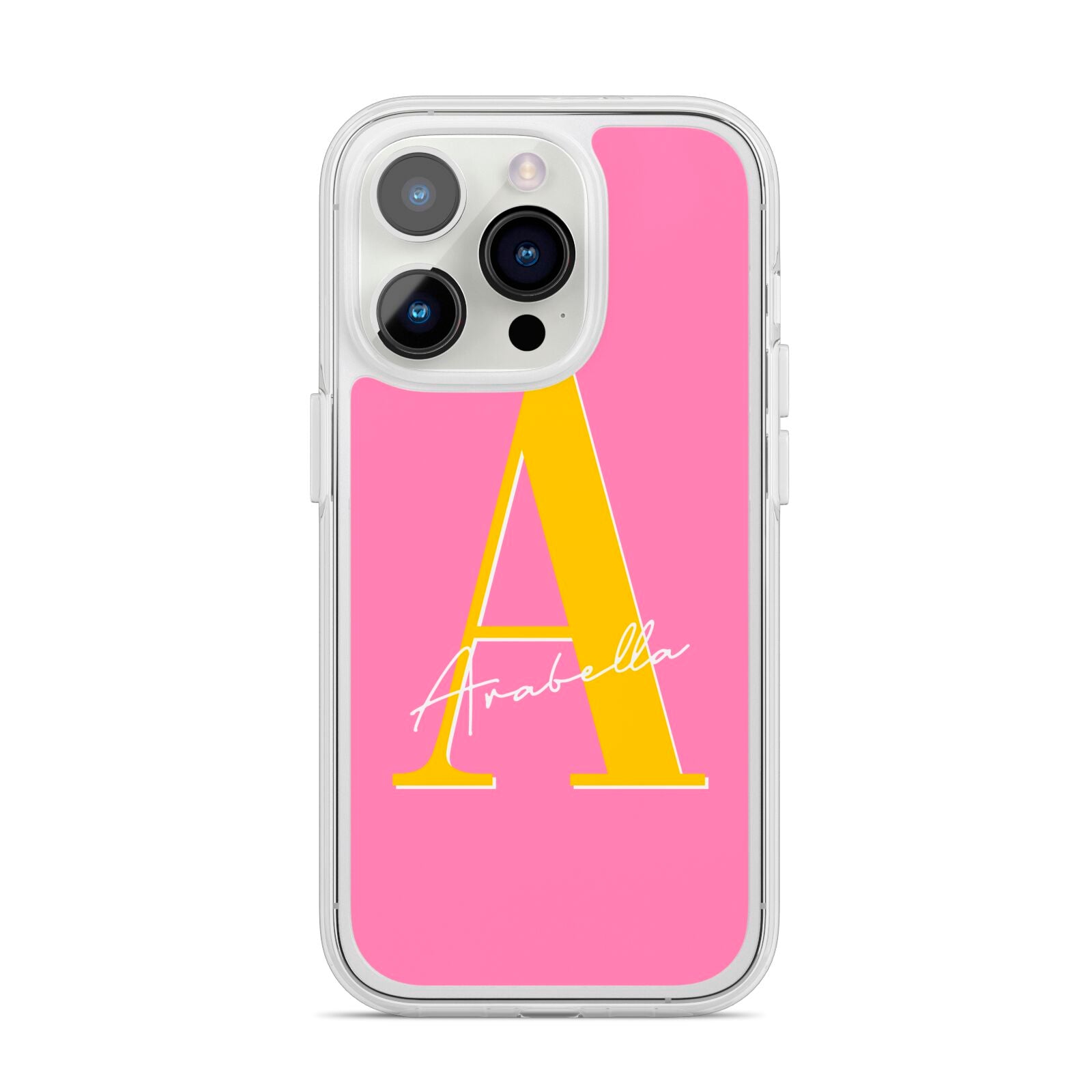 Personalised Pink Yellow Initial iPhone 14 Pro Clear Tough Case Silver