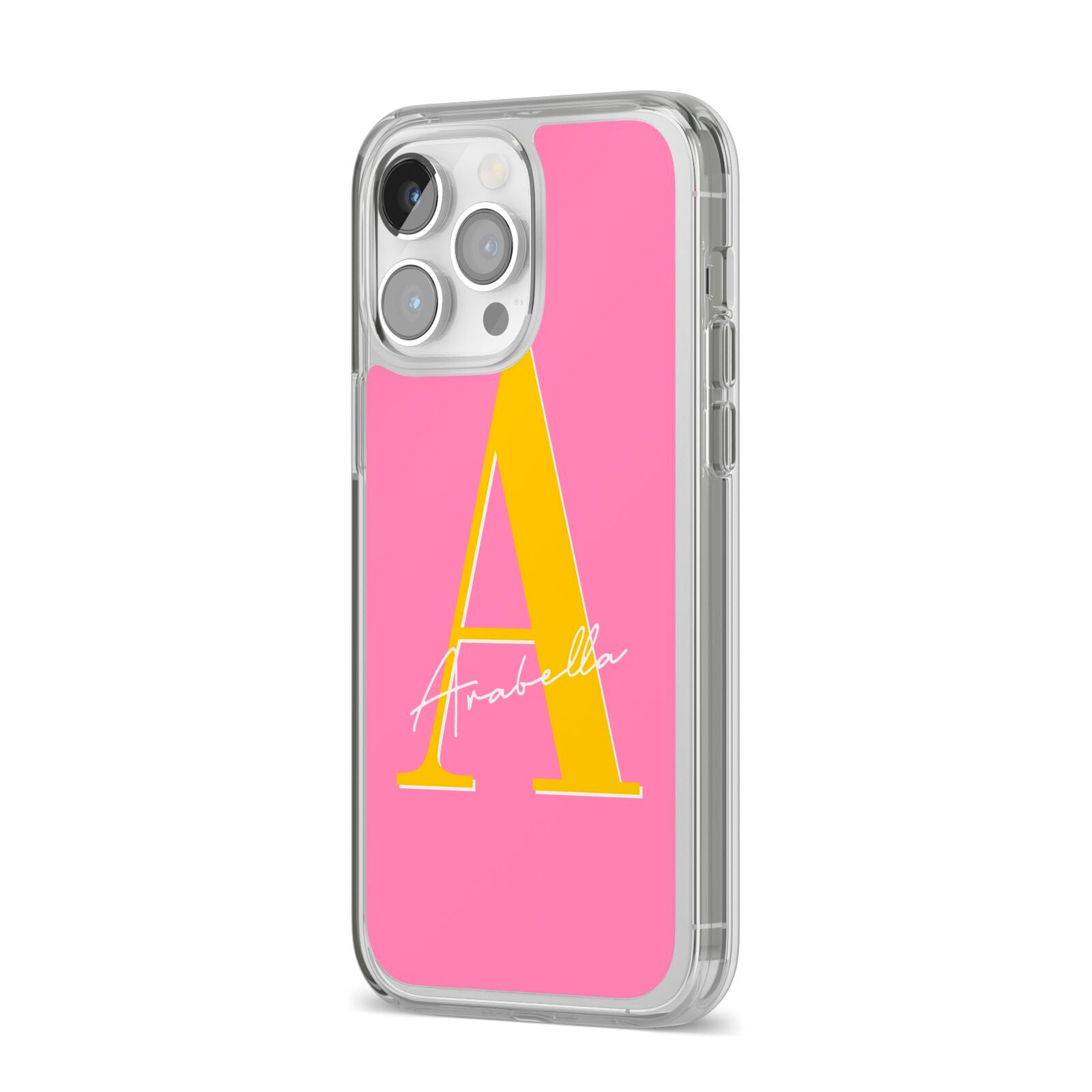 Personalised Pink Yellow Initial iPhone 14 Pro Max Clear Tough Case Silver Angled Image