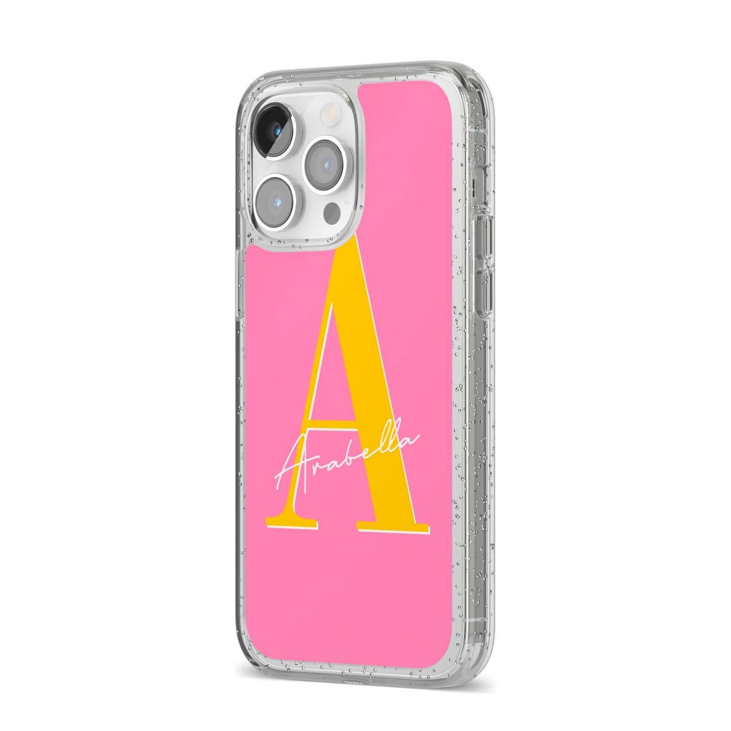 Personalised Pink Yellow Initial iPhone 14 Pro Max Glitter Tough Case Silver Angled Image