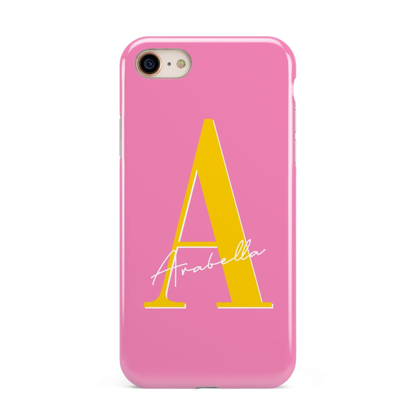 Personalised Pink Yellow Initial iPhone 8 3D Tough Case on Gold Phone