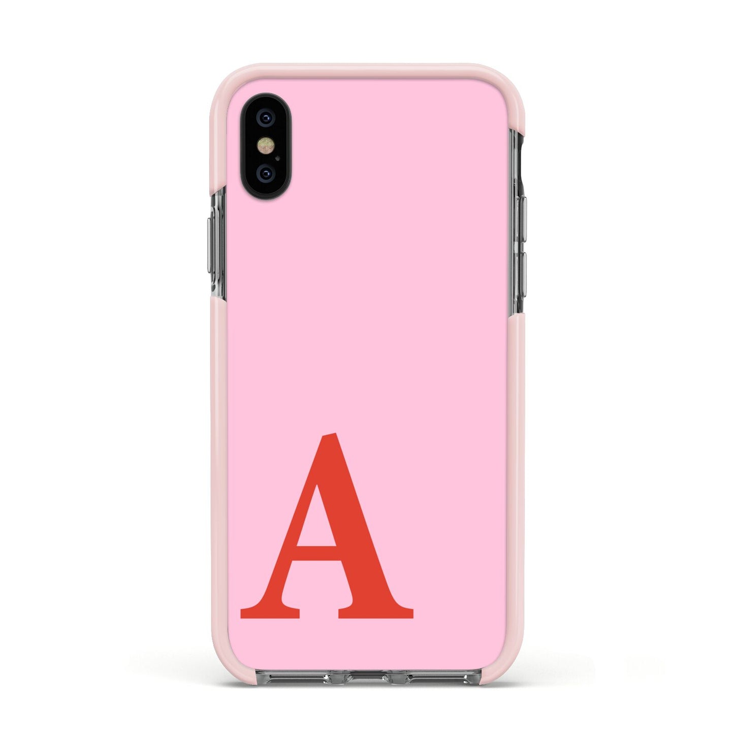 Personalised Pink and Red Apple iPhone Xs Impact Case Pink Edge on Black Phone