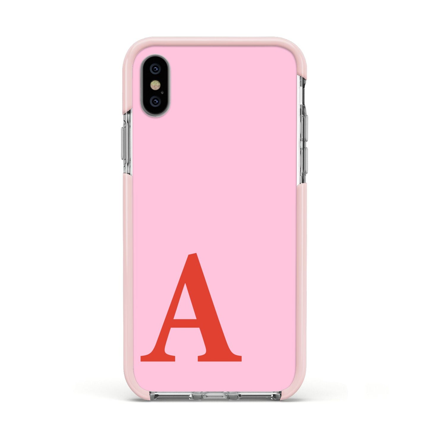Personalised Pink and Red Apple iPhone Xs Impact Case Pink Edge on Silver Phone