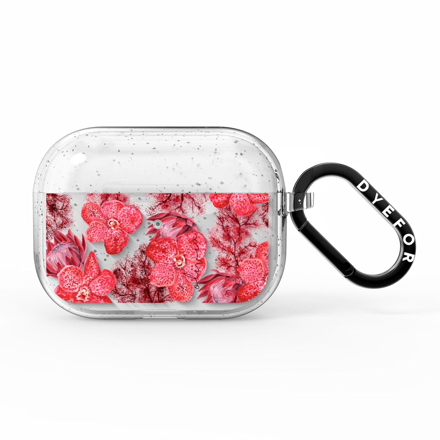 Personalised Pink and Red Floral AirPods Pro Glitter Case