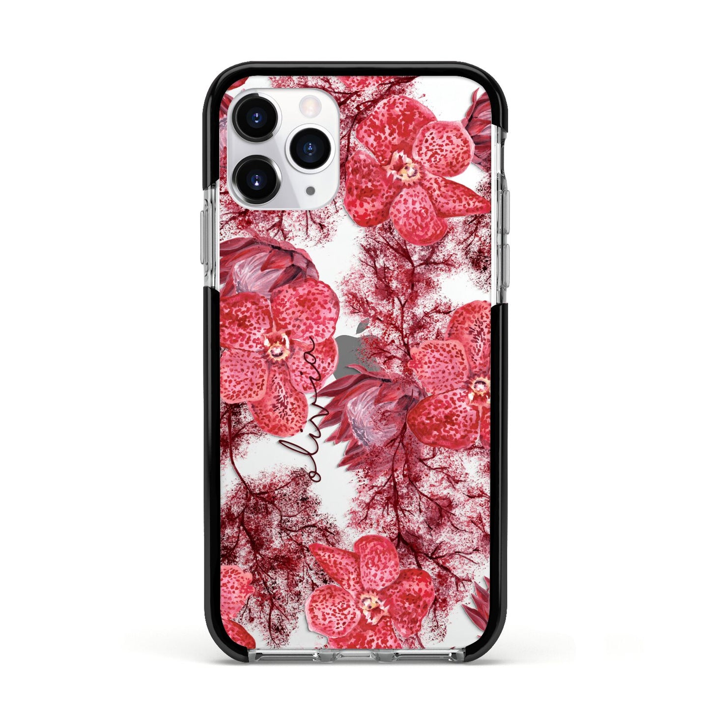 Personalised Pink and Red Floral Apple iPhone 11 Pro in Silver with Black Impact Case