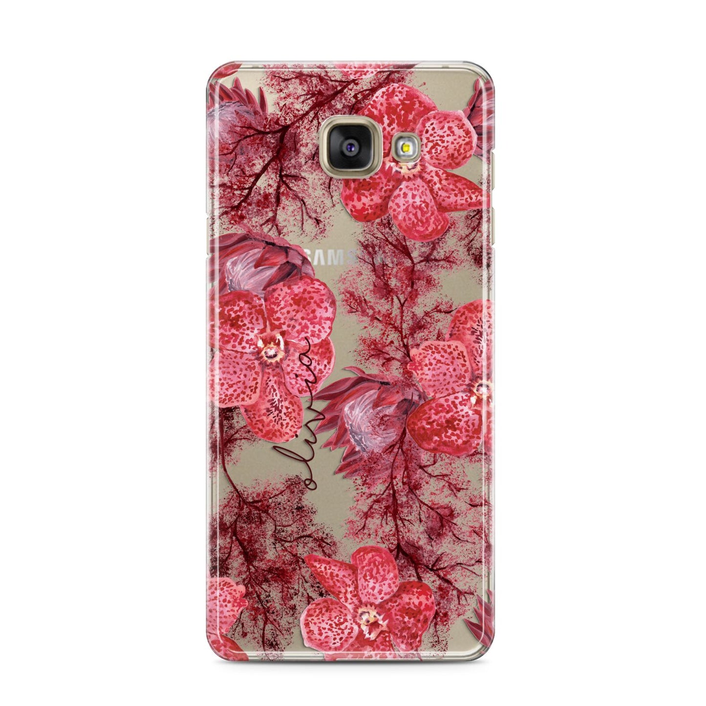 Personalised Pink and Red Floral Samsung Galaxy A3 2016 Case on gold phone