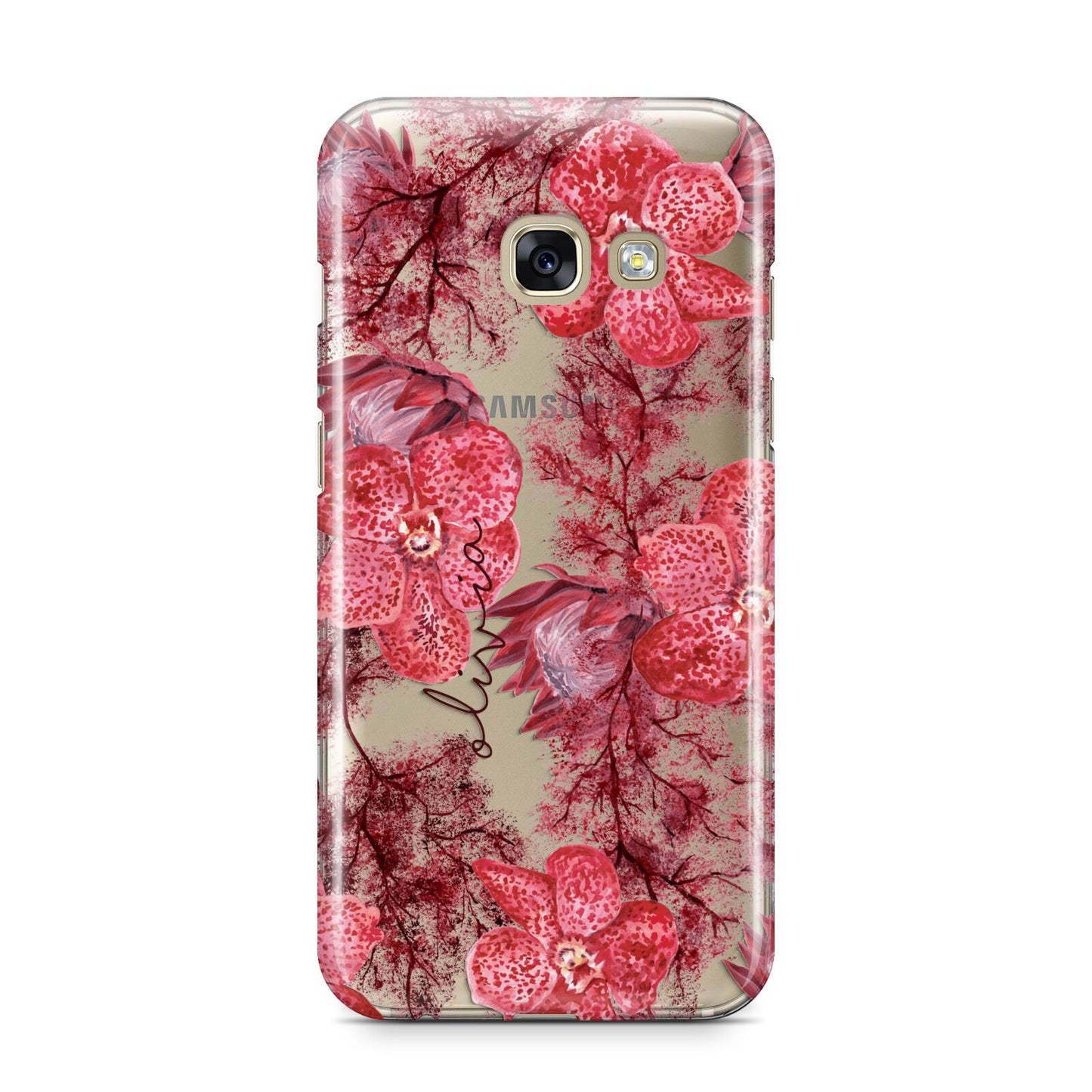 Personalised Pink and Red Floral Samsung Galaxy A3 2017 Case on gold phone