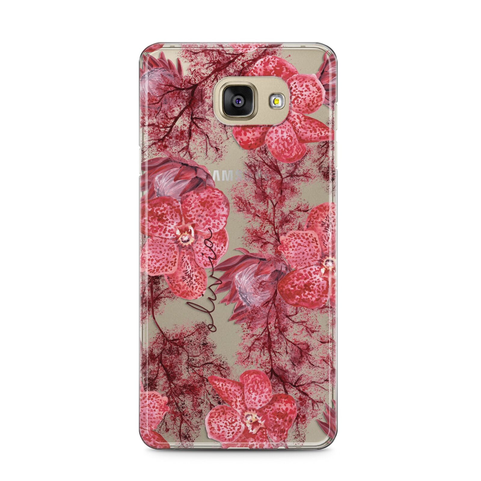Personalised Pink and Red Floral Samsung Galaxy A5 2016 Case on gold phone