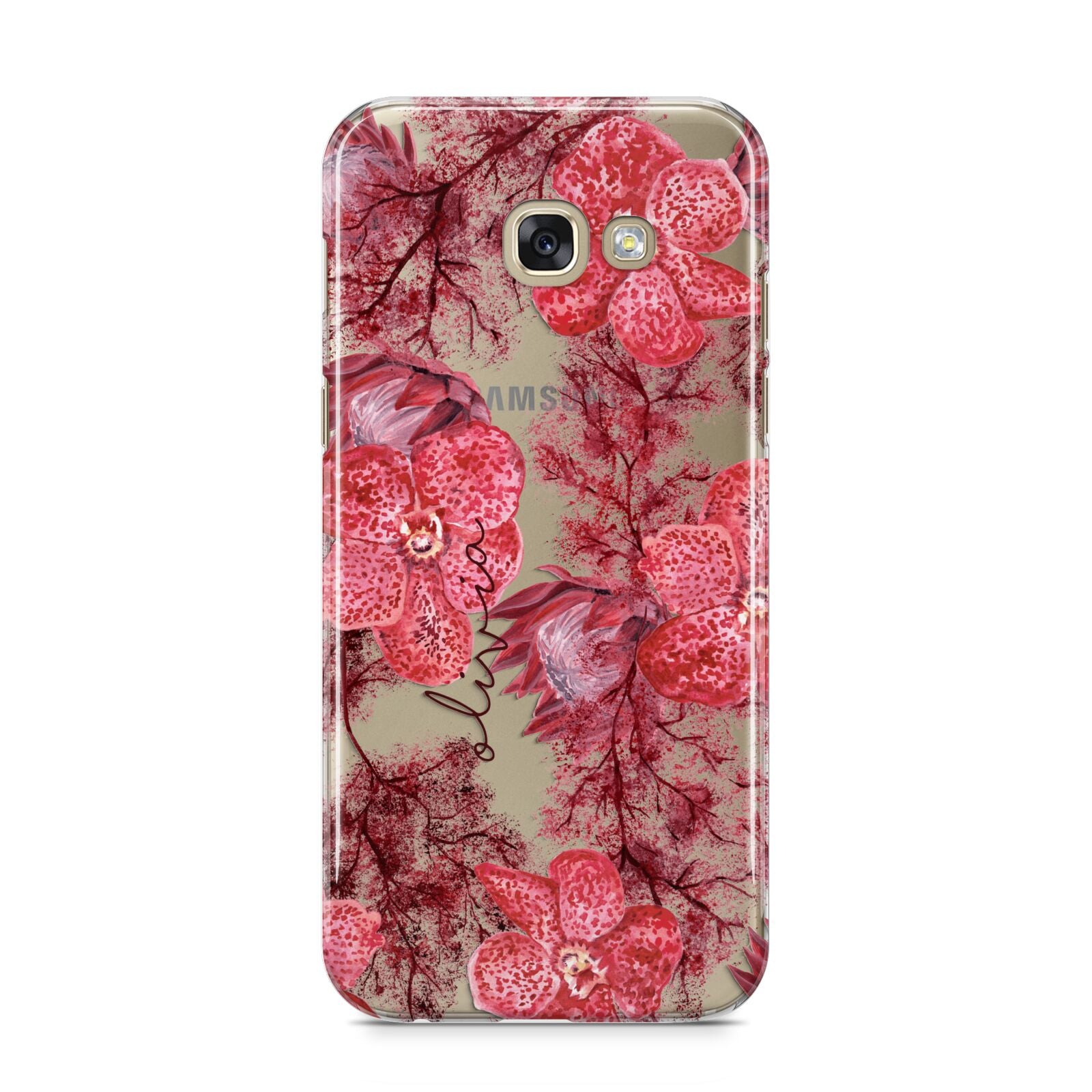 Personalised Pink and Red Floral Samsung Galaxy A5 2017 Case on gold phone
