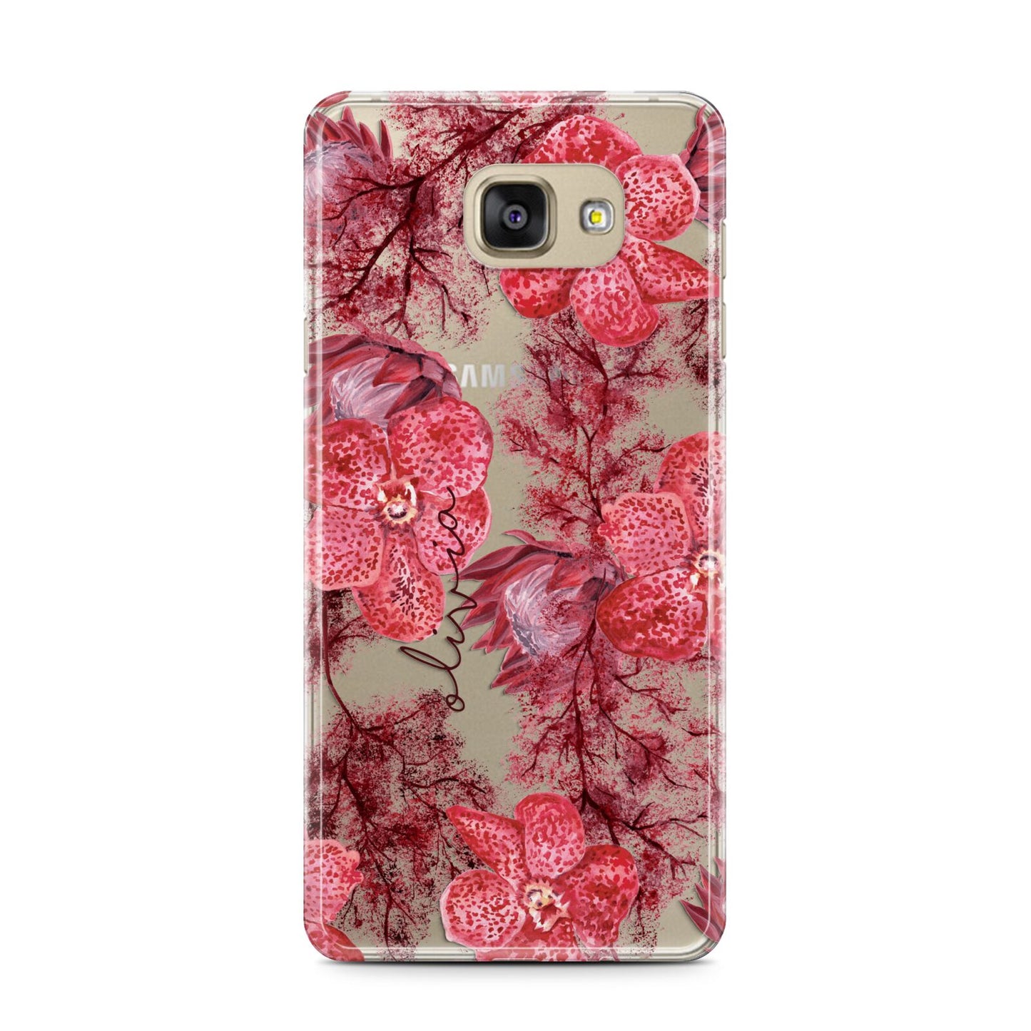 Personalised Pink and Red Floral Samsung Galaxy A7 2016 Case on gold phone