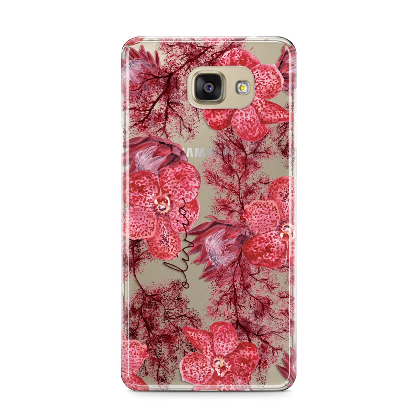 Personalised Pink and Red Floral Samsung Galaxy A9 2016 Case on gold phone