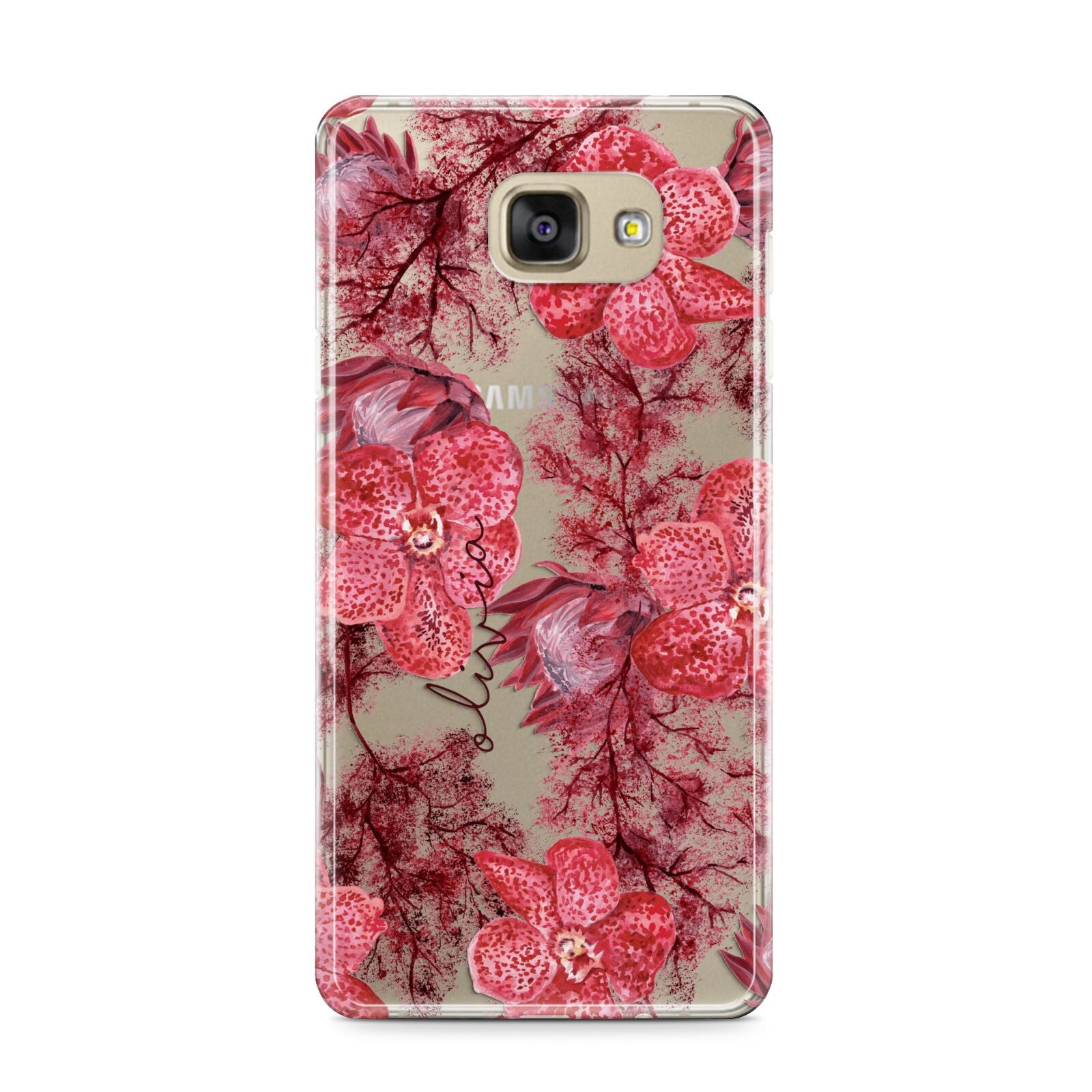 Personalised Pink and Red Floral Samsung Galaxy A9 2016 Case on gold phone