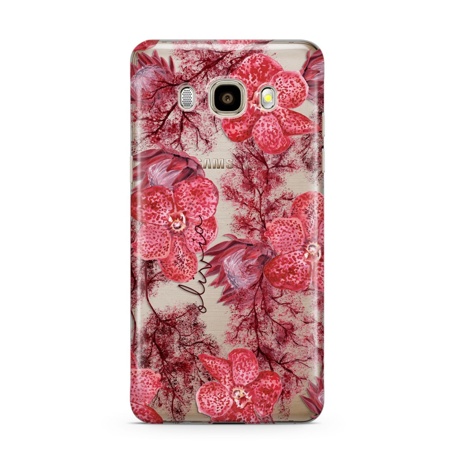 Personalised Pink and Red Floral Samsung Galaxy J7 2016 Case on gold phone