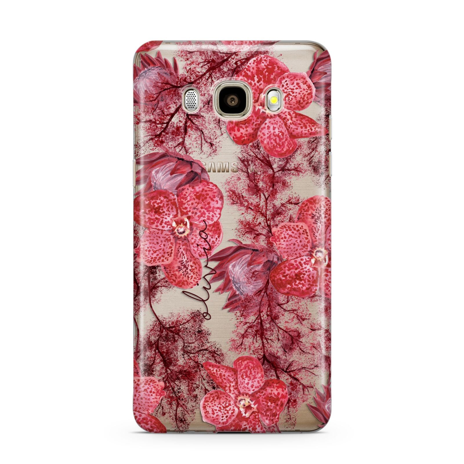 Personalised Pink and Red Floral Samsung Galaxy J7 2016 Case on gold phone