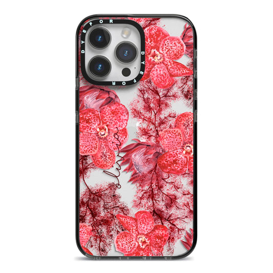 Personalised Pink and Red Floral iPhone 14 Pro Max Black Impact Case on Silver phone