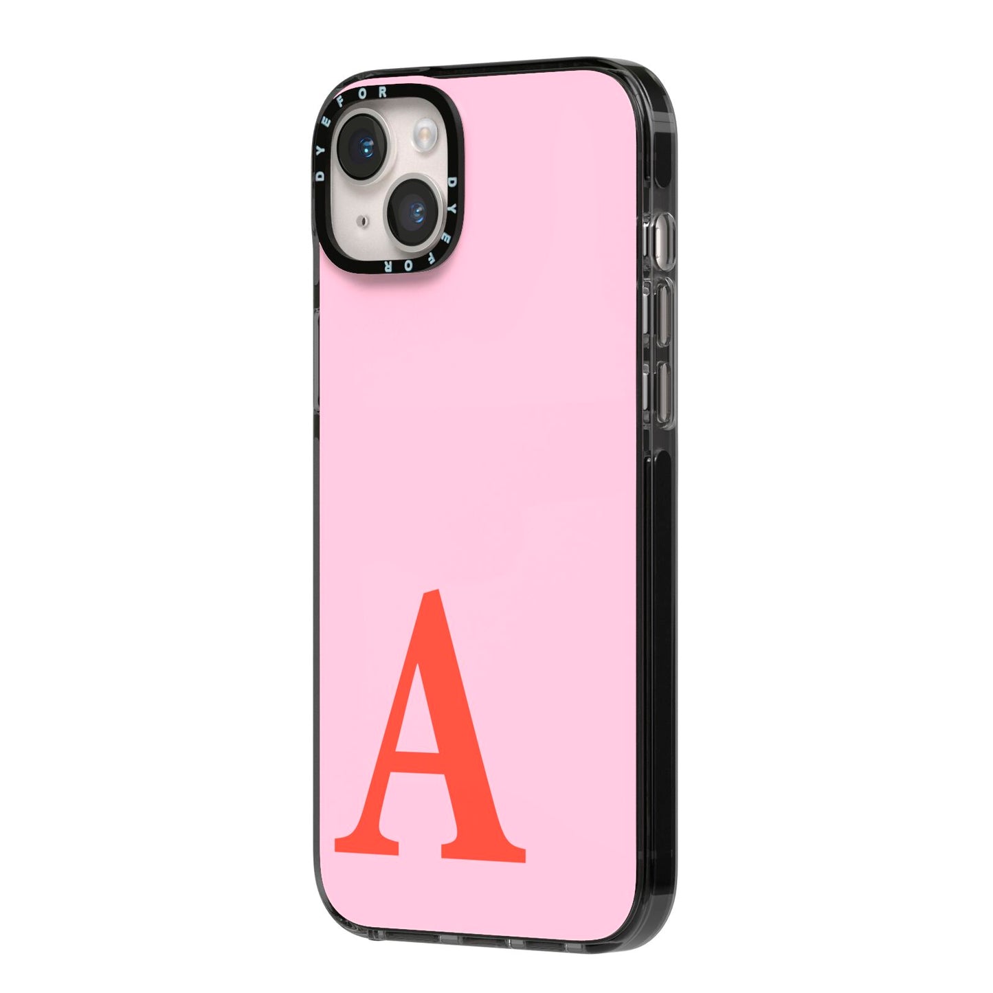 Personalised Pink and Red iPhone 14 Plus Black Impact Case Side Angle on Silver phone