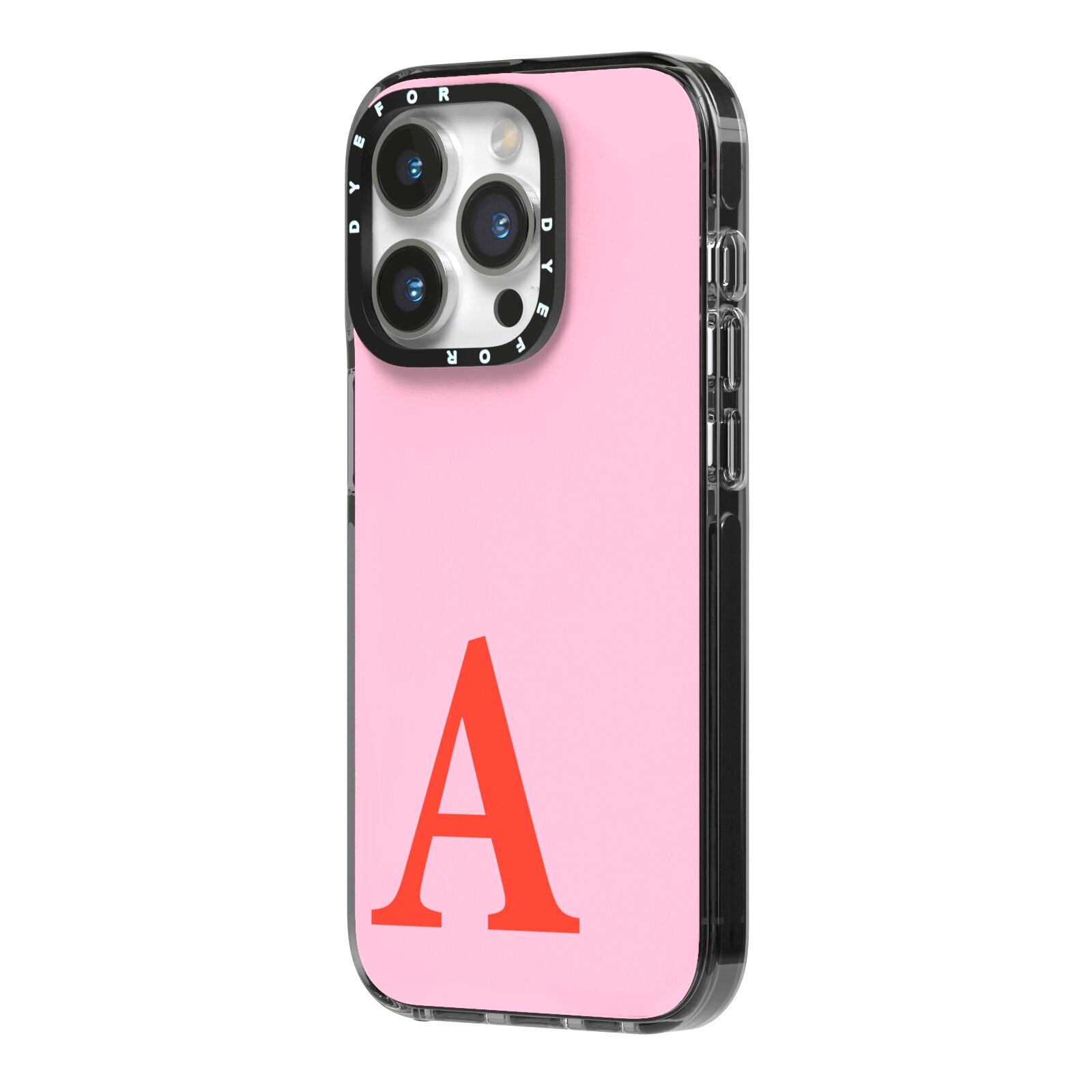 Personalised Pink and Red iPhone 14 Pro Black Impact Case Side Angle on Silver phone