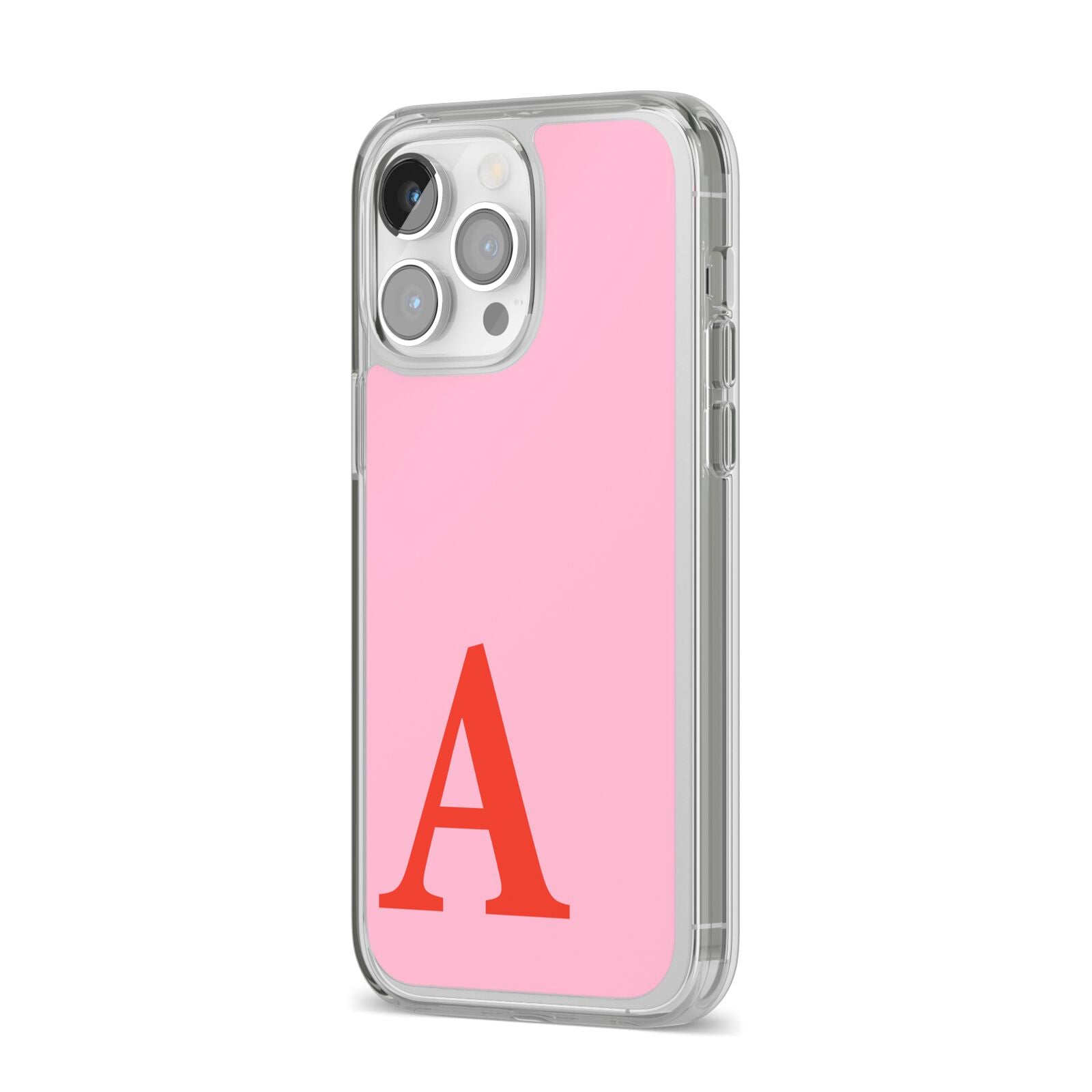 Personalised Pink and Red iPhone 14 Pro Max Clear Tough Case Silver Angled Image