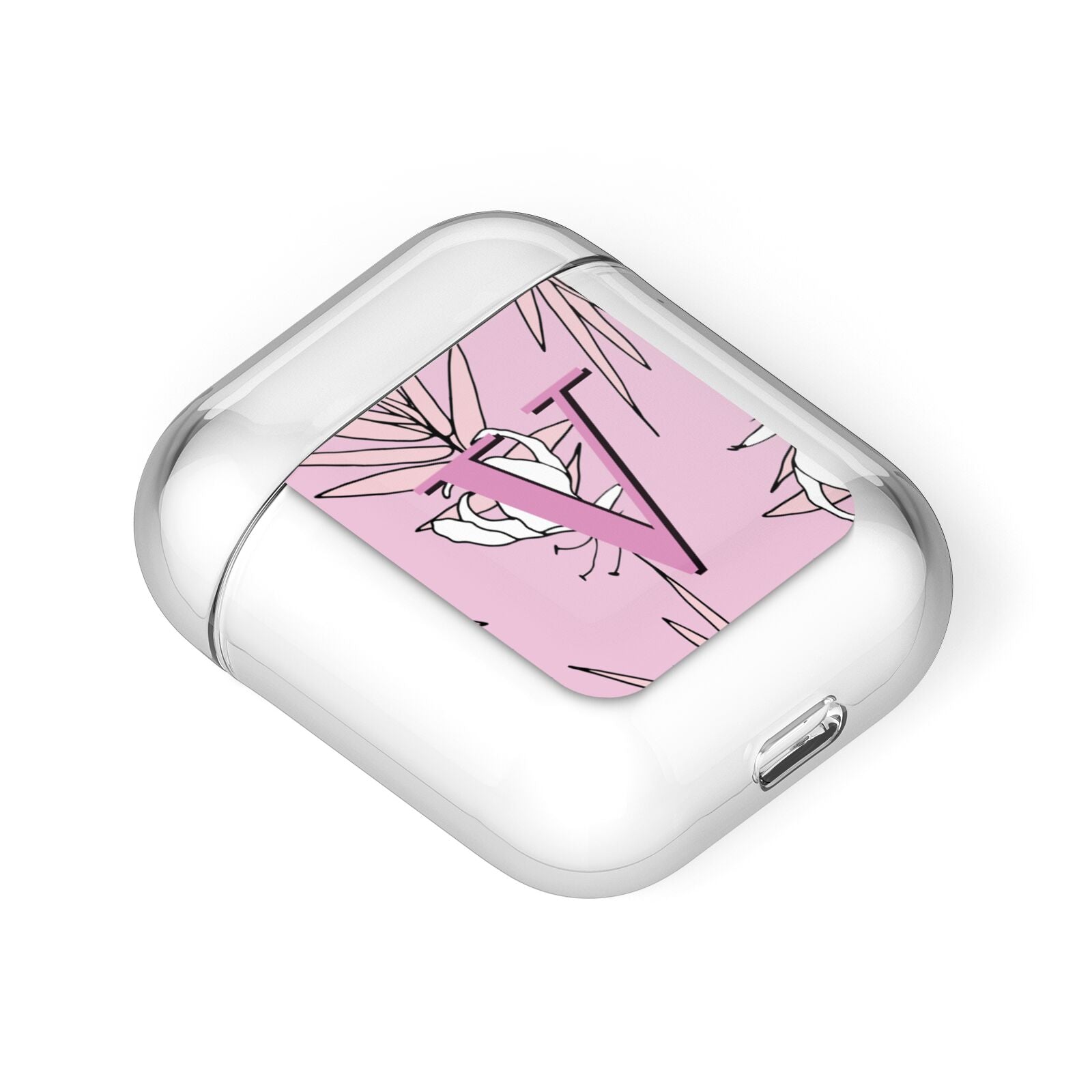 Personalised Pink and White Floral Monogram AirPods Case Laid Flat