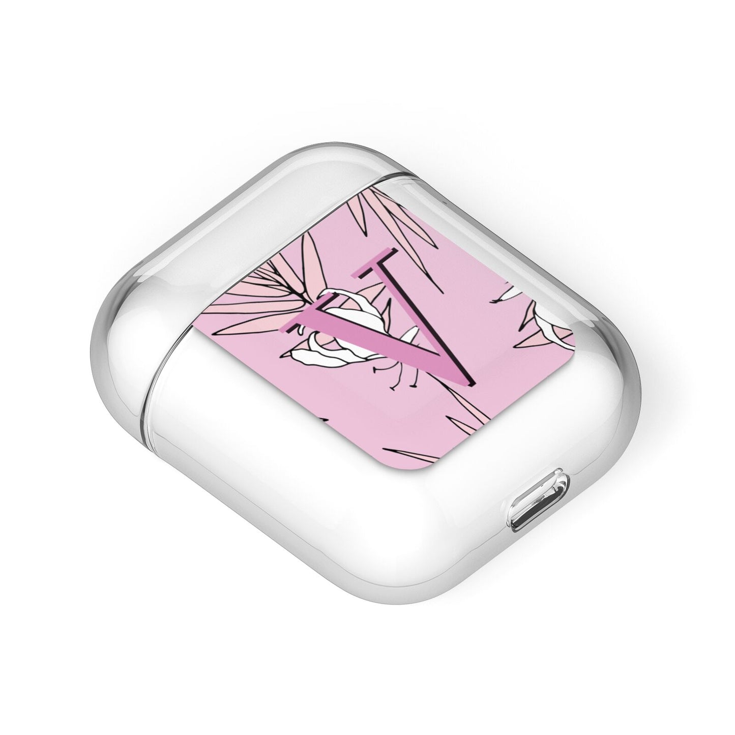 Personalised Pink and White Floral Monogram AirPods Case Laid Flat