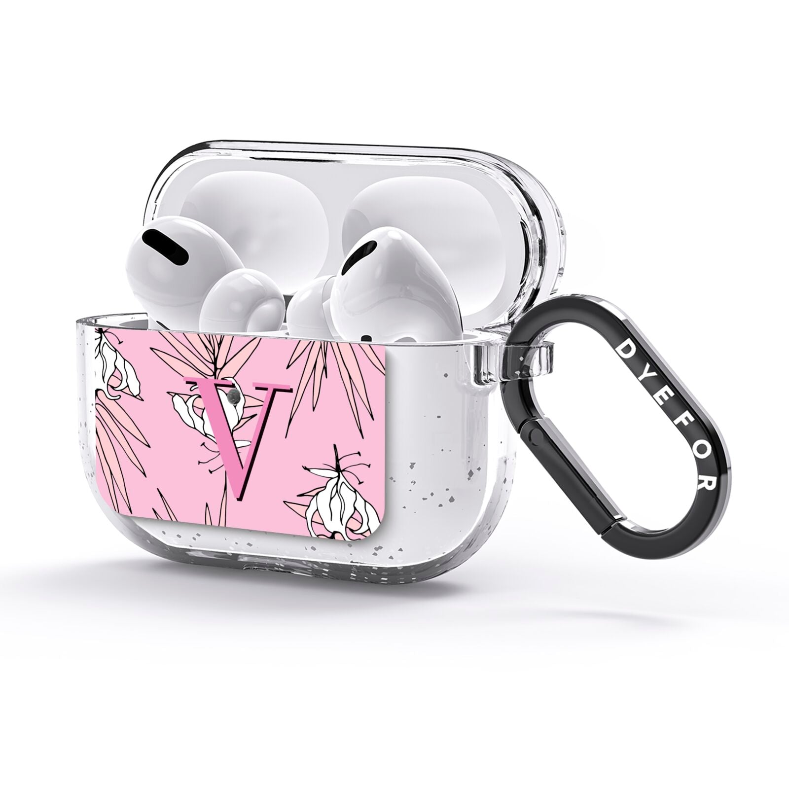 Personalised Pink and White Floral Monogram AirPods Glitter Case 3rd Gen Side Image