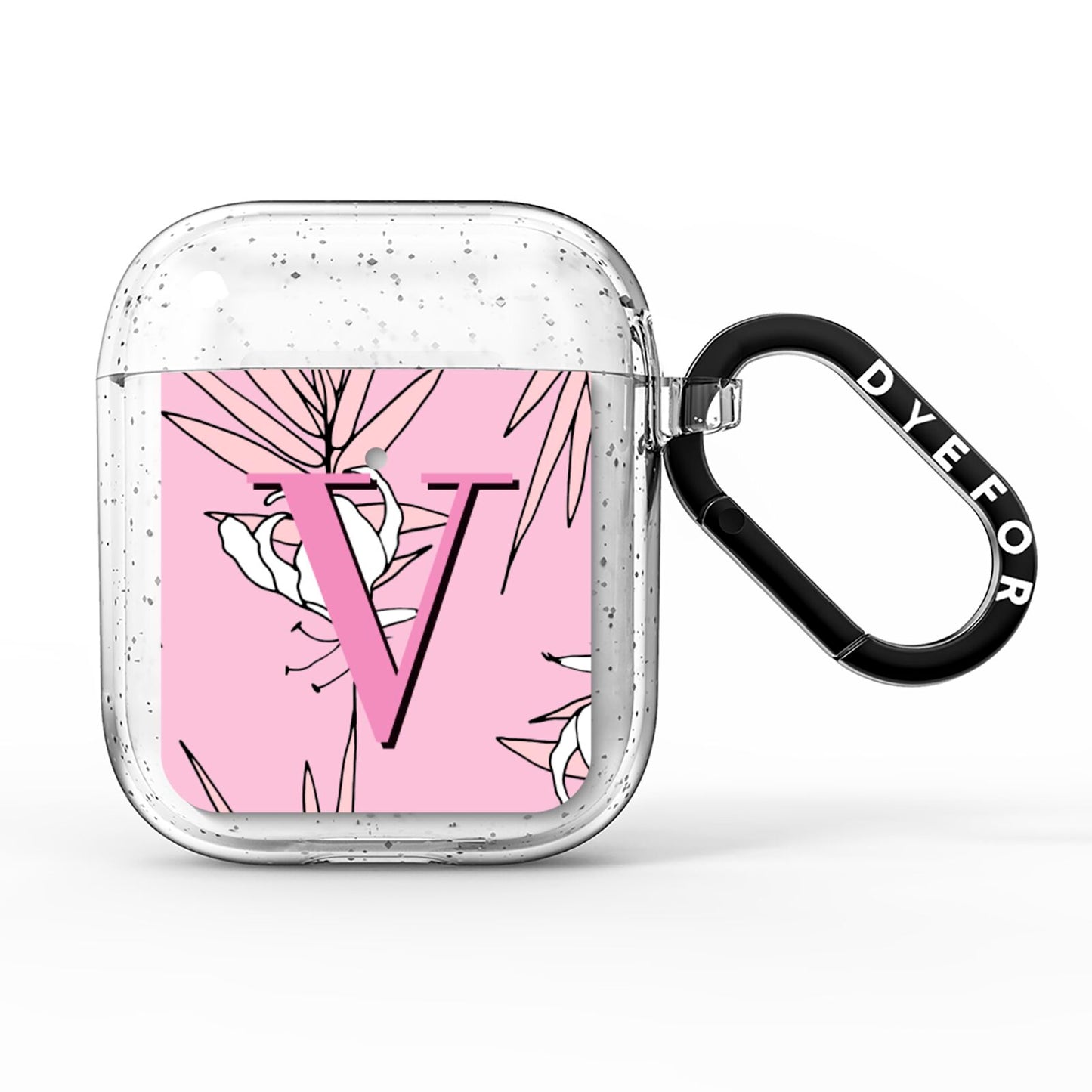 Personalised Pink and White Floral Monogram AirPods Glitter Case