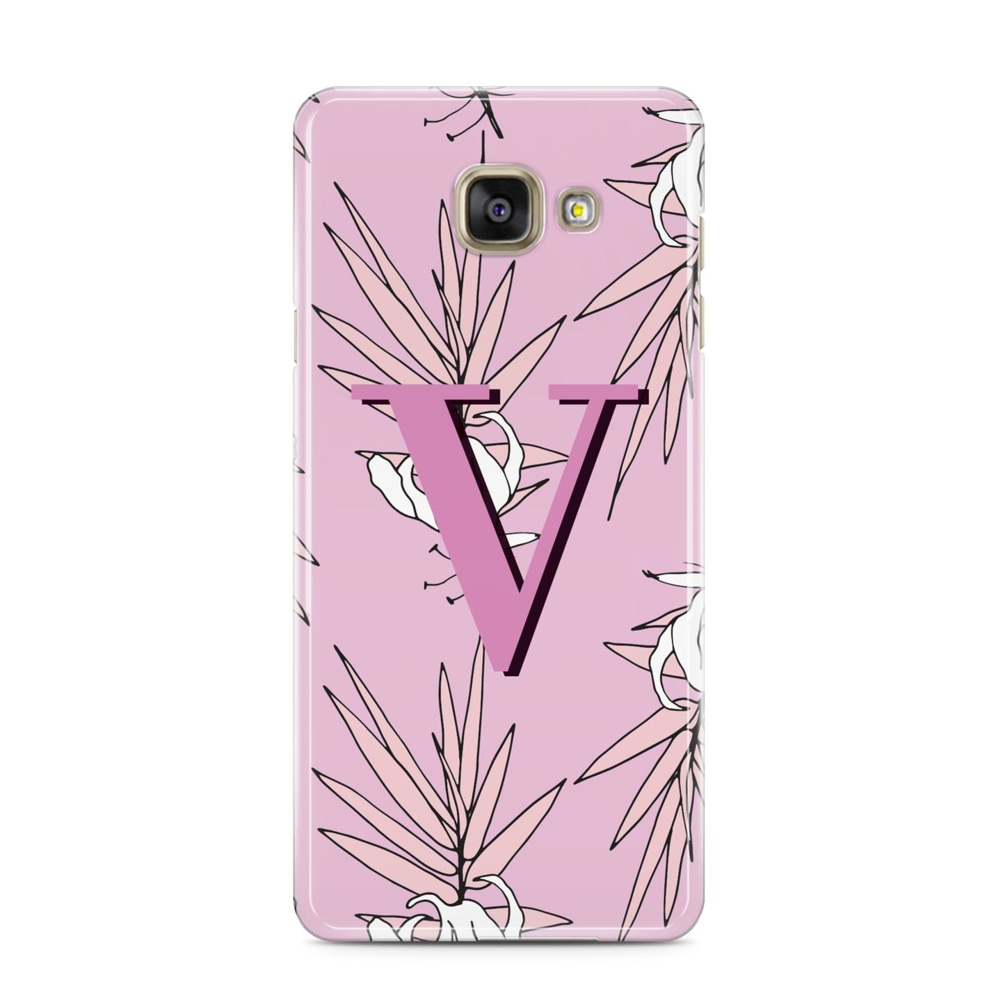 Personalised Pink and White Floral Monogram Samsung Galaxy A3 2016 Case on gold phone