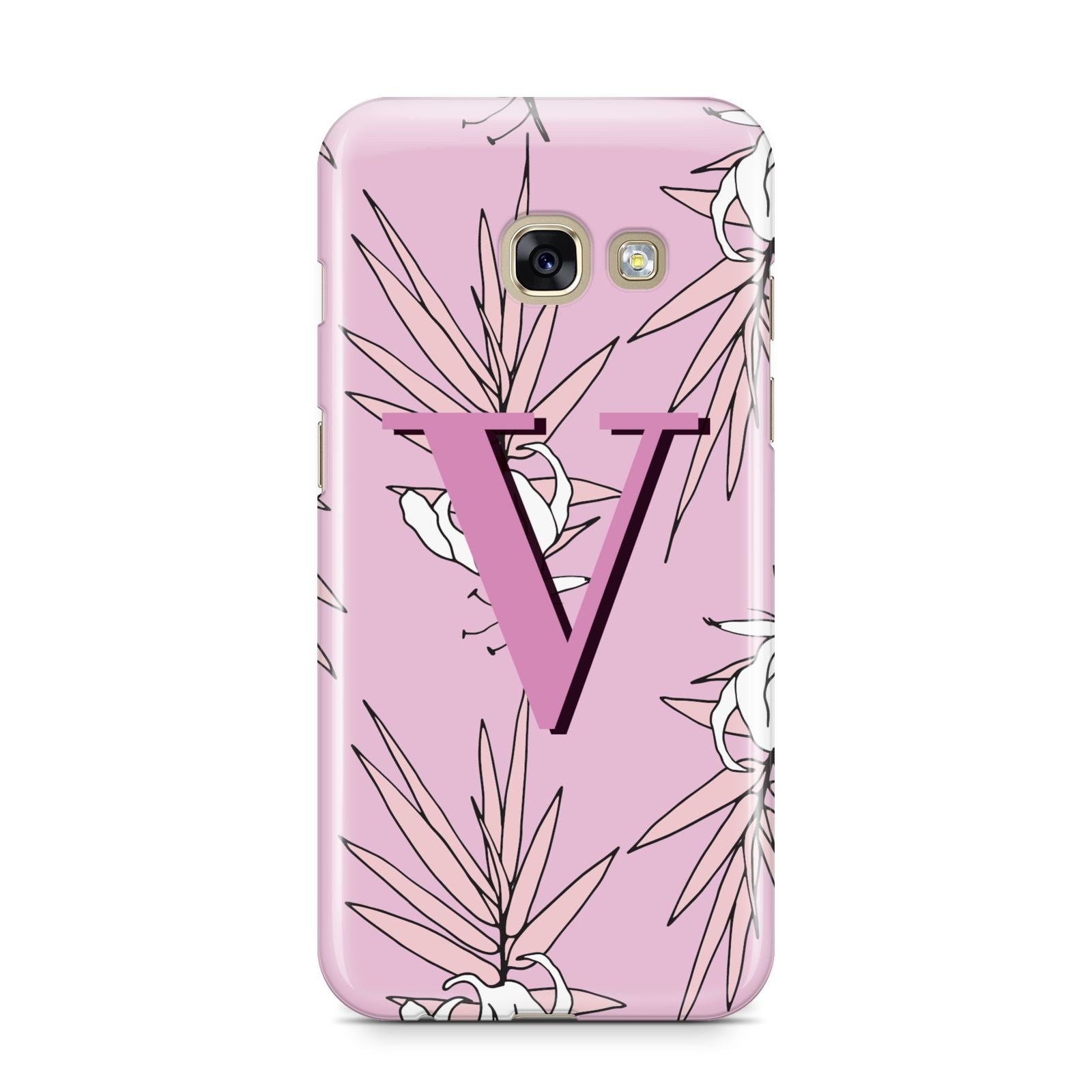 Personalised Pink and White Floral Monogram Samsung Galaxy A3 2017 Case on gold phone