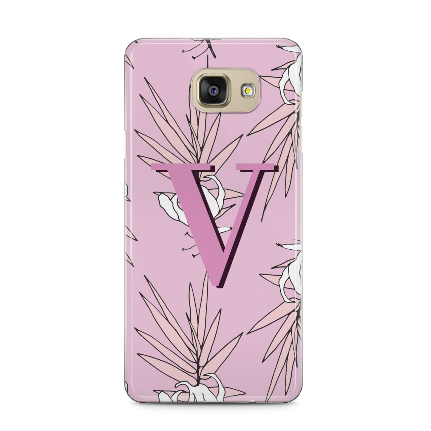 Personalised Pink and White Floral Monogram Samsung Galaxy A5 2016 Case on gold phone