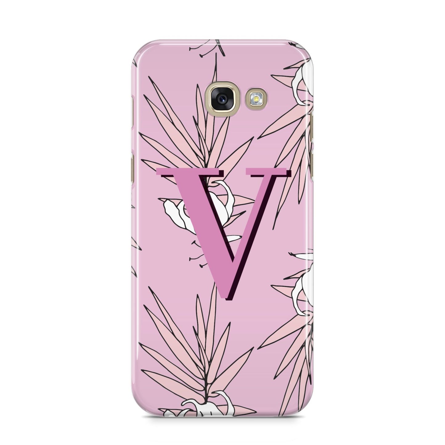 Personalised Pink and White Floral Monogram Samsung Galaxy A5 2017 Case on gold phone