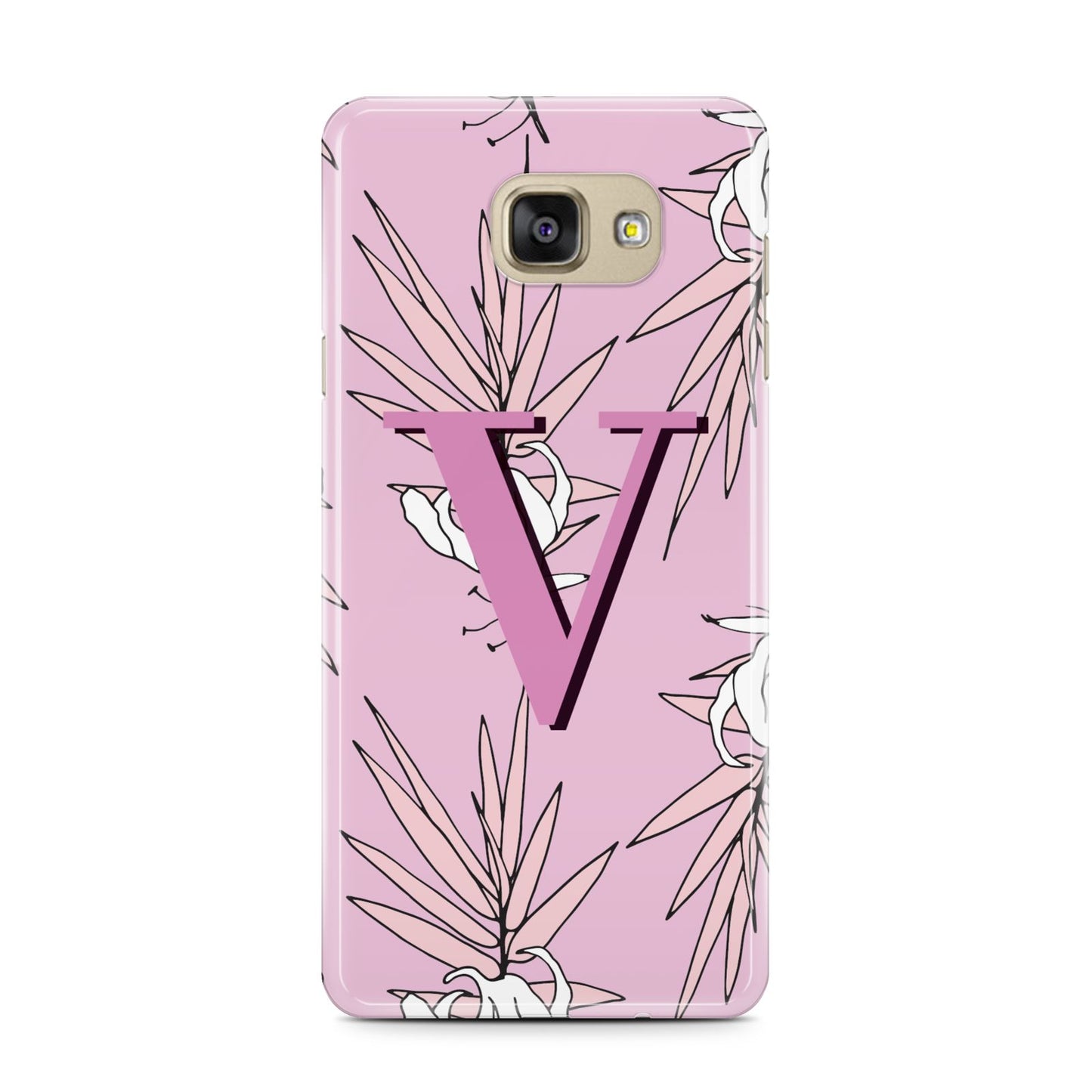 Personalised Pink and White Floral Monogram Samsung Galaxy A7 2016 Case on gold phone