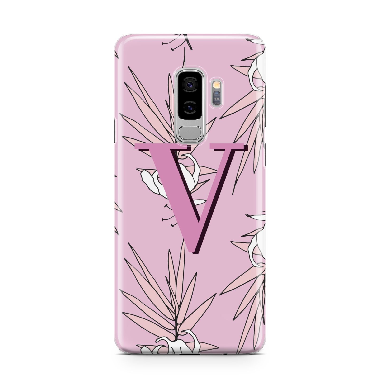 Personalised Pink and White Floral Monogram Samsung Galaxy S9 Plus Case on Silver phone
