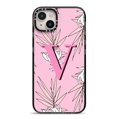 Personalised Pink and White Floral Monogram iPhone 14 Plus Black Impact Case on Silver phone