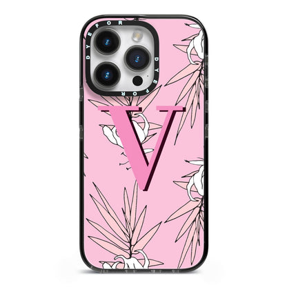 Personalised Pink and White Floral Monogram iPhone 14 Pro Black Impact Case on Silver phone