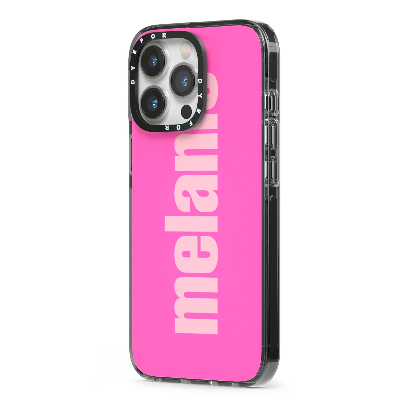 Personalised Pink iPhone 13 Pro Black Impact Case Side Angle on Silver phone