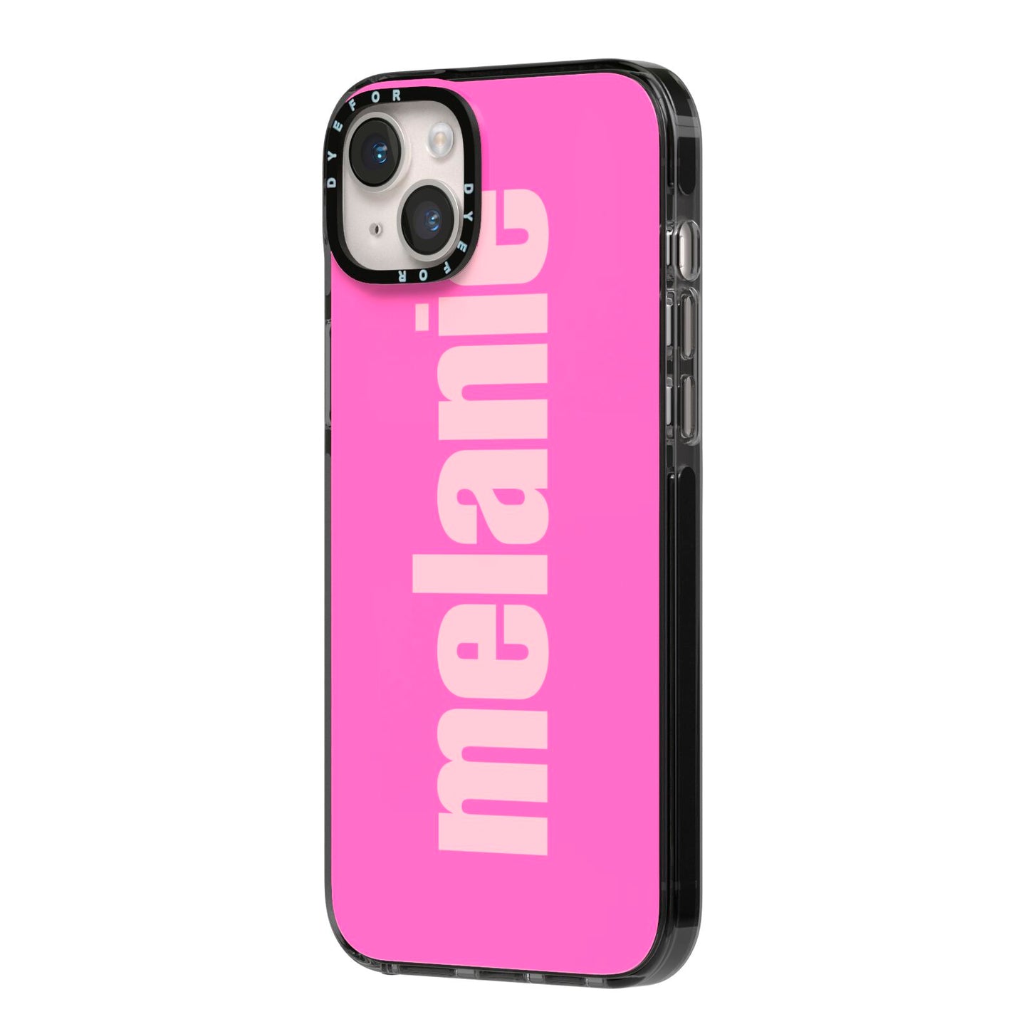 Personalised Pink iPhone 14 Plus Black Impact Case Side Angle on Silver phone