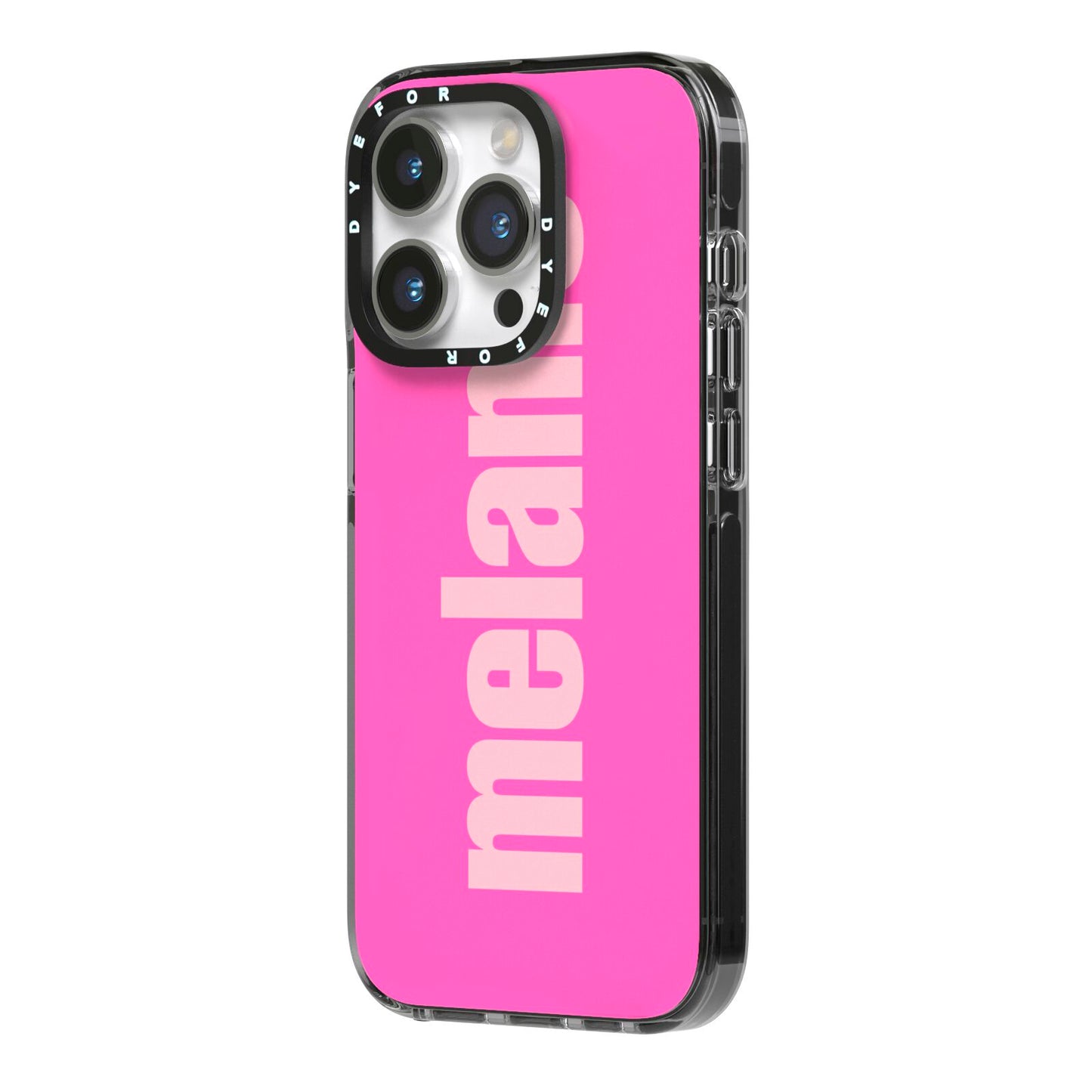 Personalised Pink iPhone 14 Pro Black Impact Case Side Angle on Silver phone