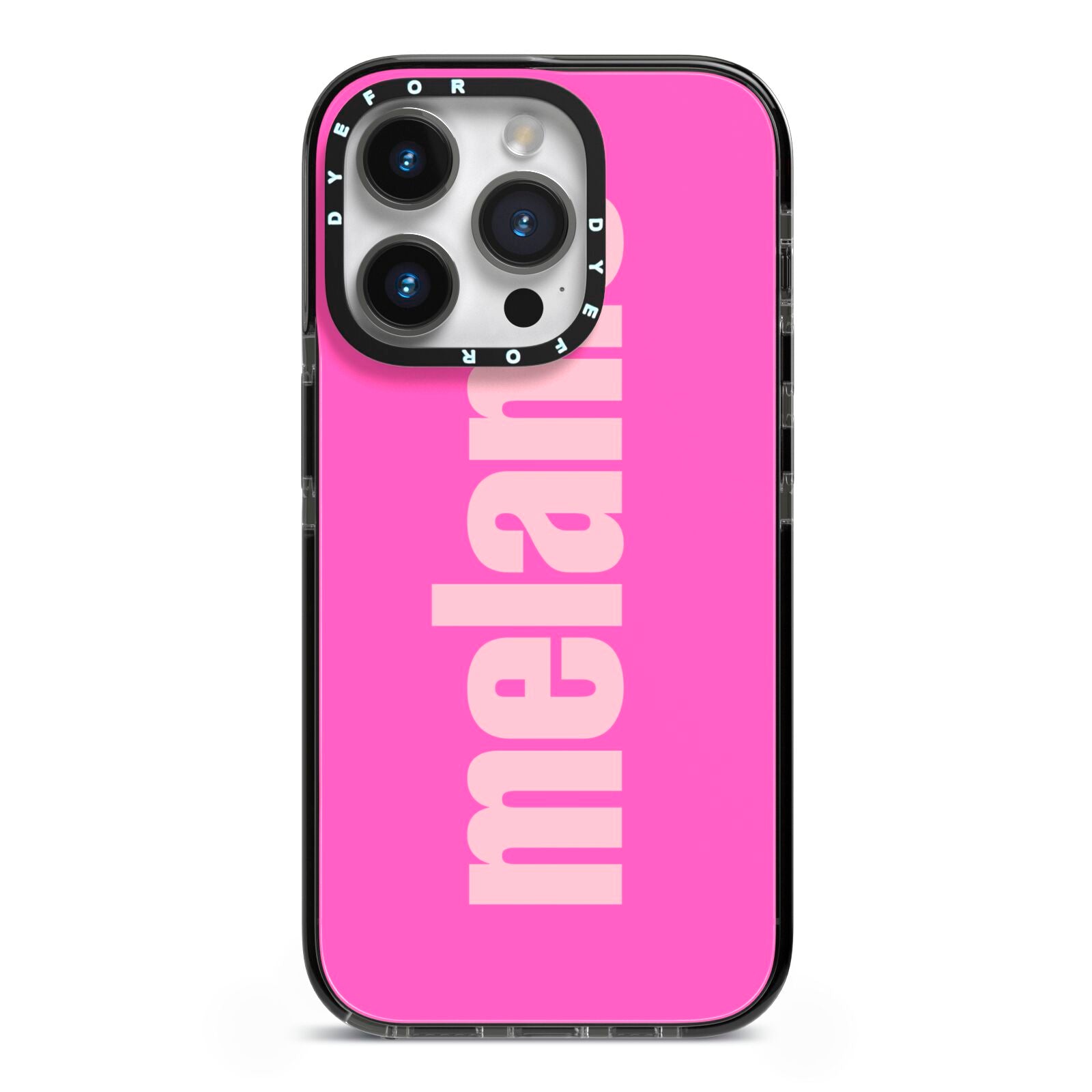 Personalised Pink iPhone 14 Pro Black Impact Case on Silver phone